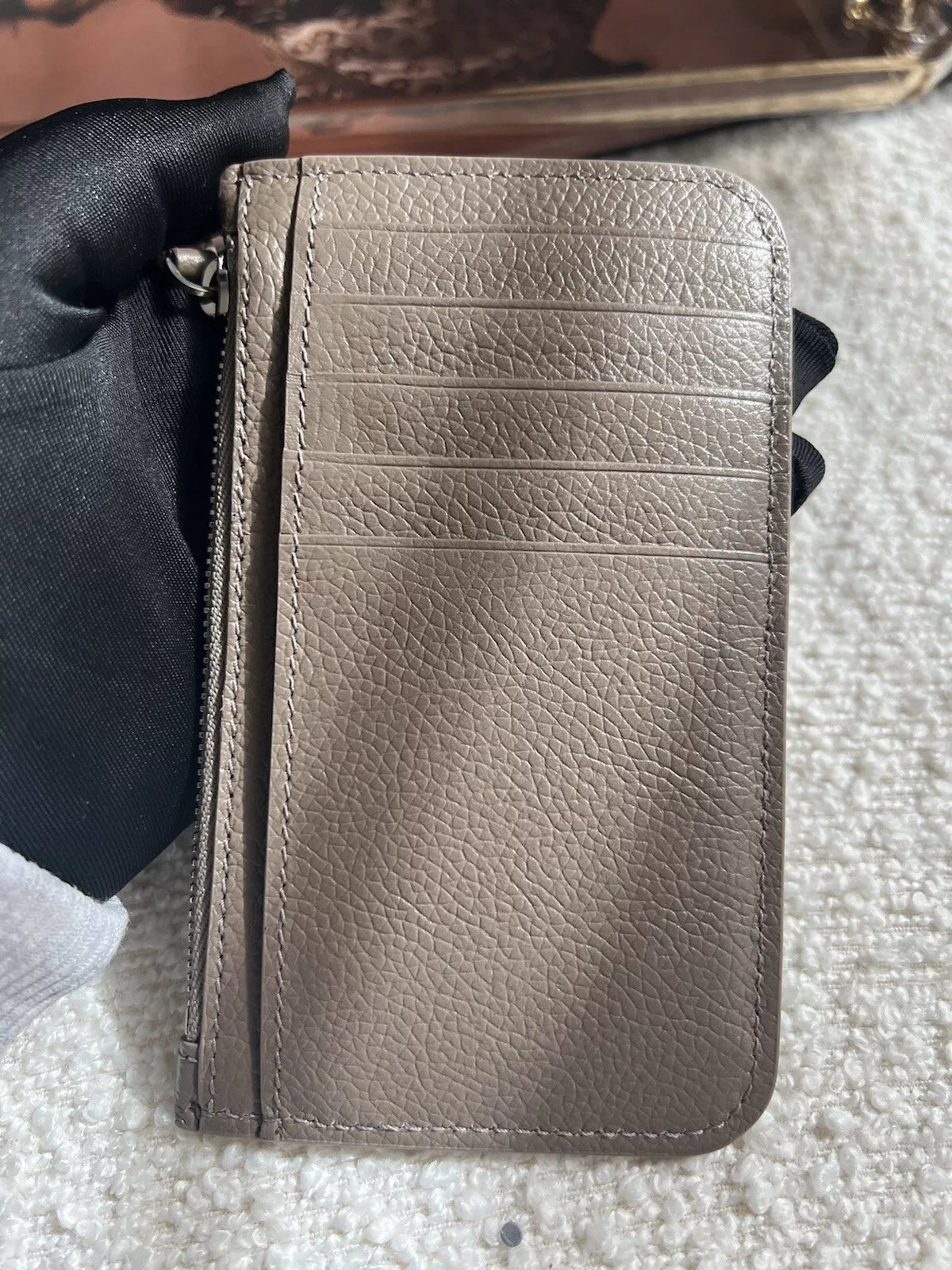 Balenciaga Cash Large Coin Card Holder in brown & white metallized grained calf