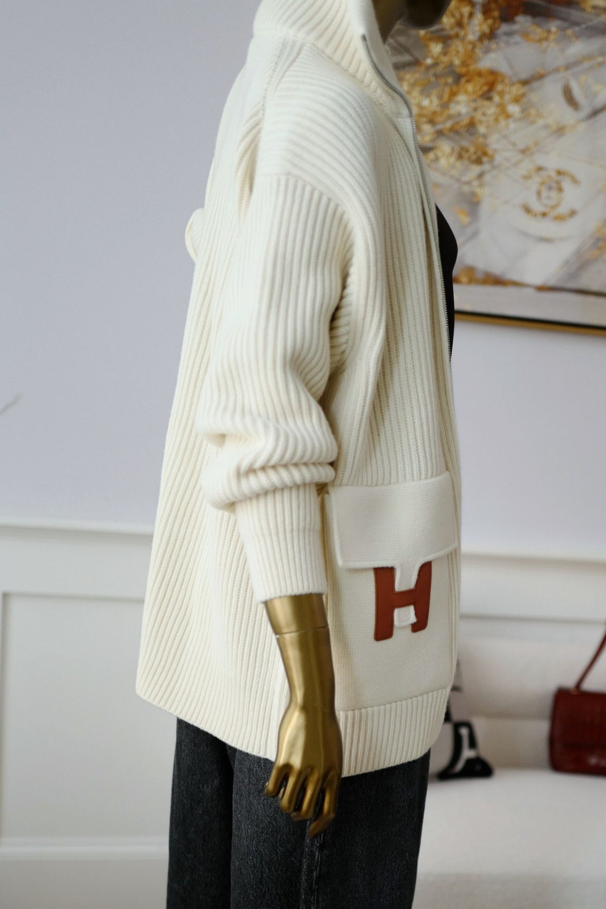 NEW Hermes Blouson Cardigan Blanc Naturel Wool Knit H Leather Pocket Size 34