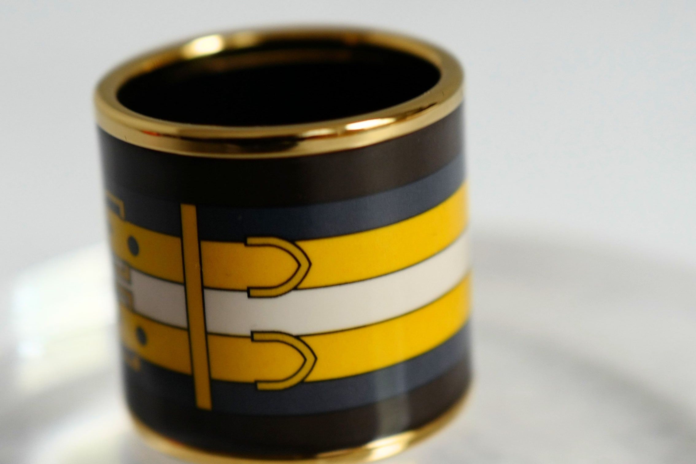 Hermès Rocabar Enamel Scarf Ring Black/Yellow/Blue Striped