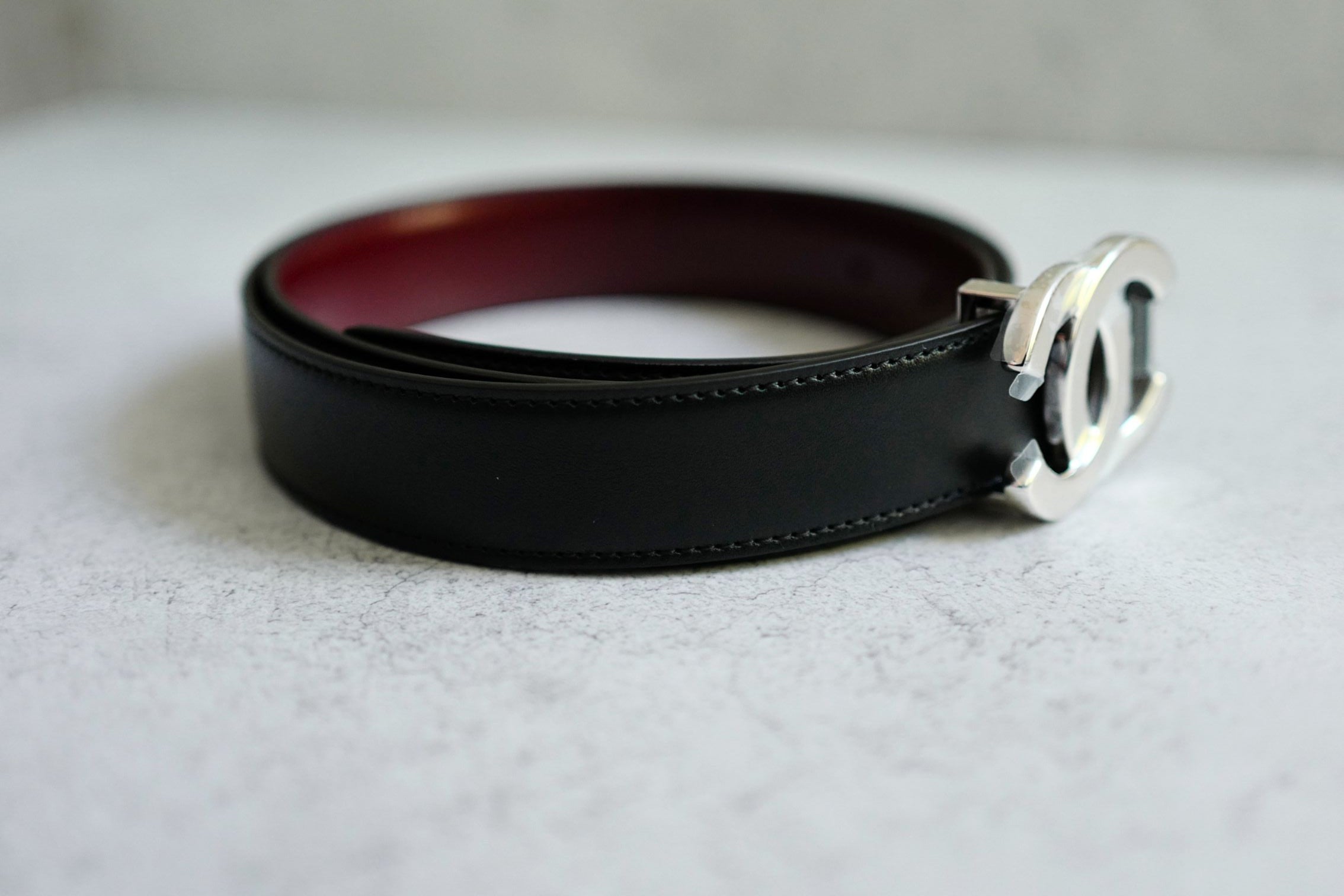 Chanel CC Reversible Belt Black Burgundy Silver Calfskin Metal Size 85