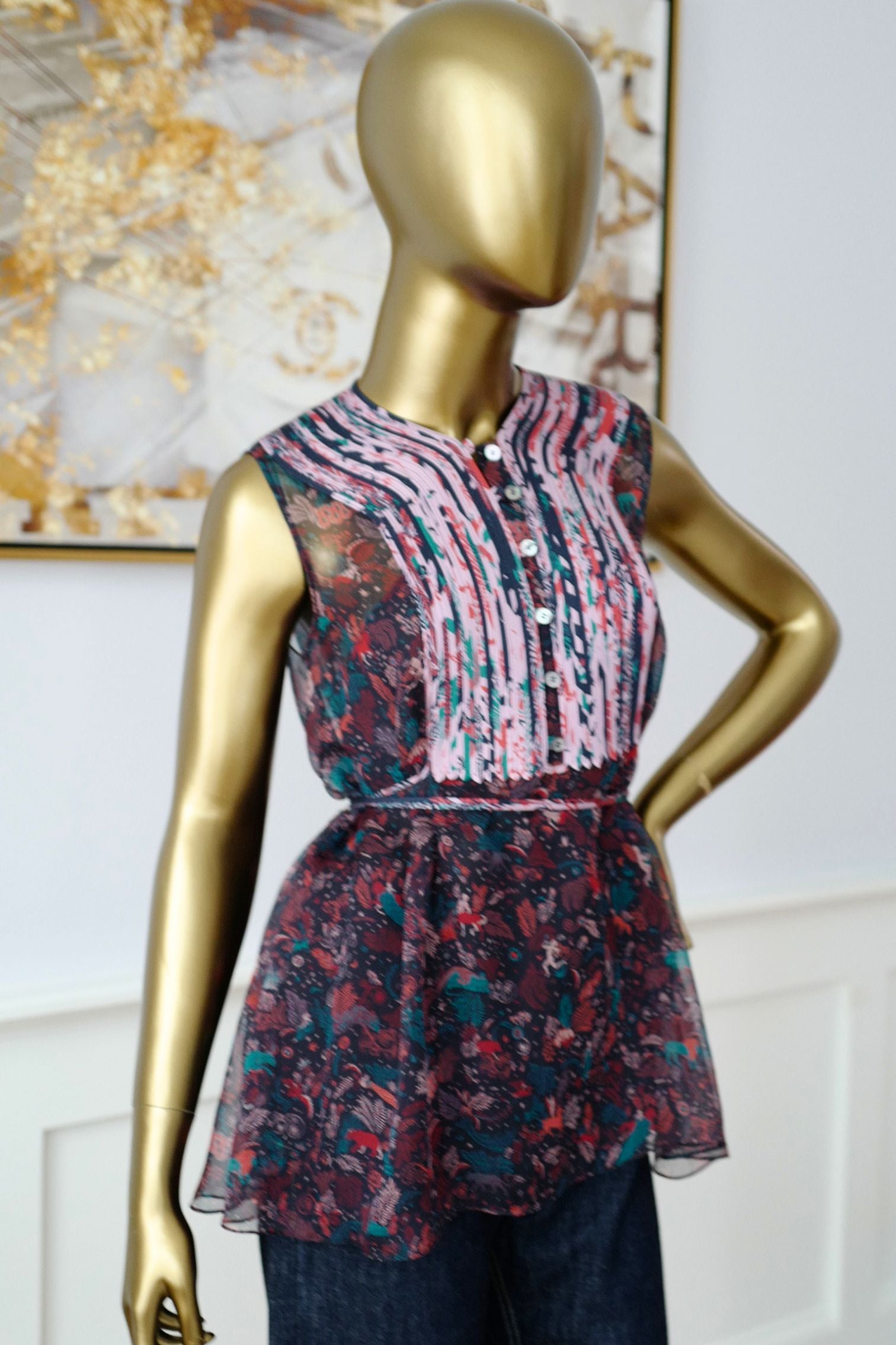 Hermes Silk Blouse Ennobli A Plastron Ox Bleu Marin Sleeveless 36 NEW Two Pcs