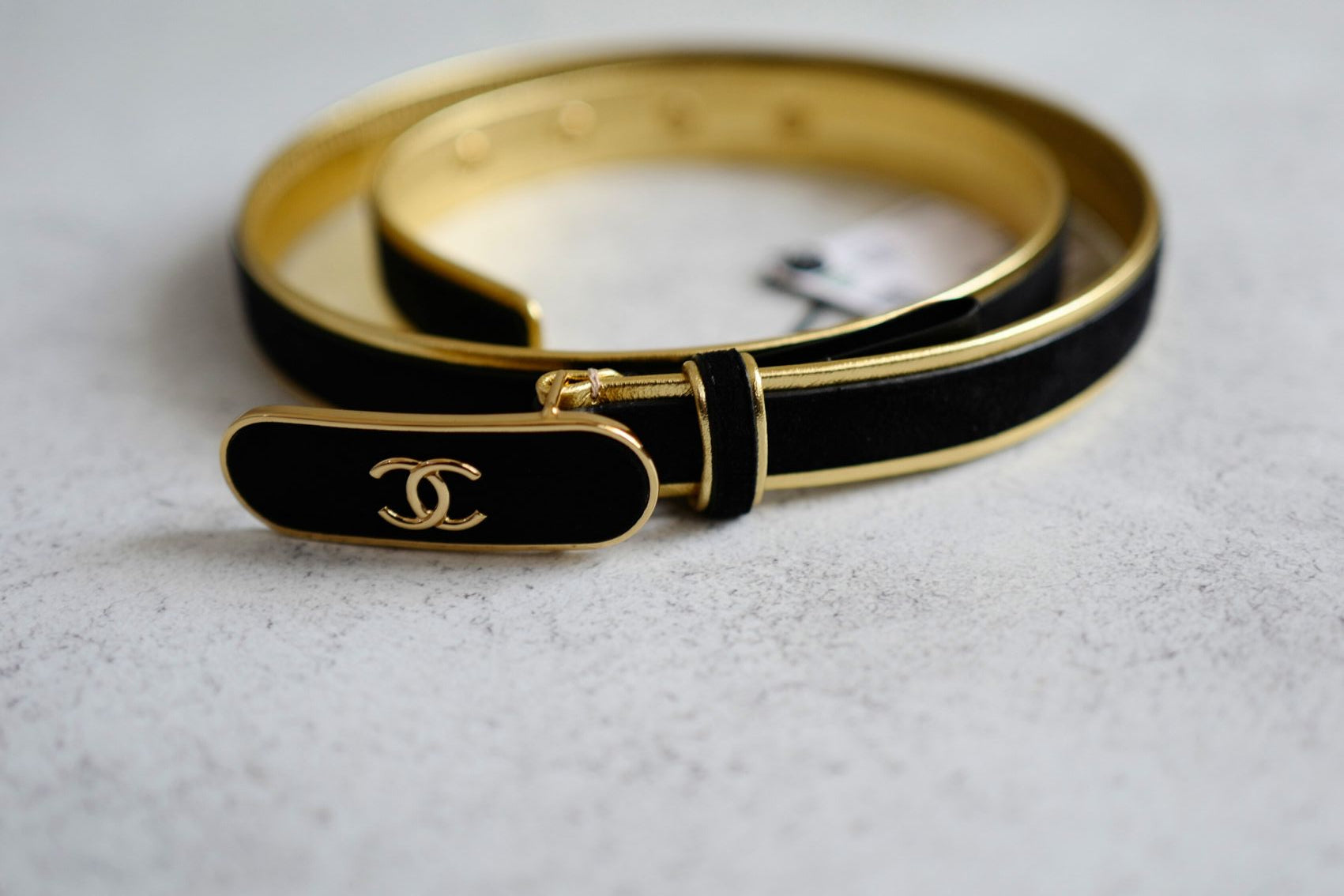 Chanel 24S Womens Leather Belt in Goatskin, Lambskin & Metal Black & Gold 80