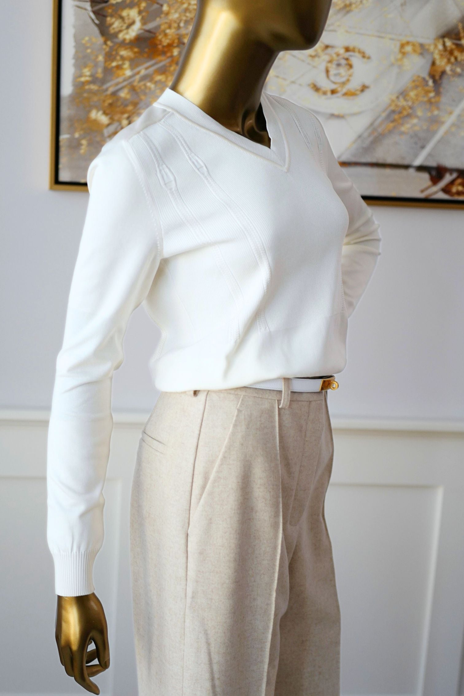 Hermès Long-Sleeve Textured Silk Cotton V-Neck Sweater Blanc Naturel Size 36