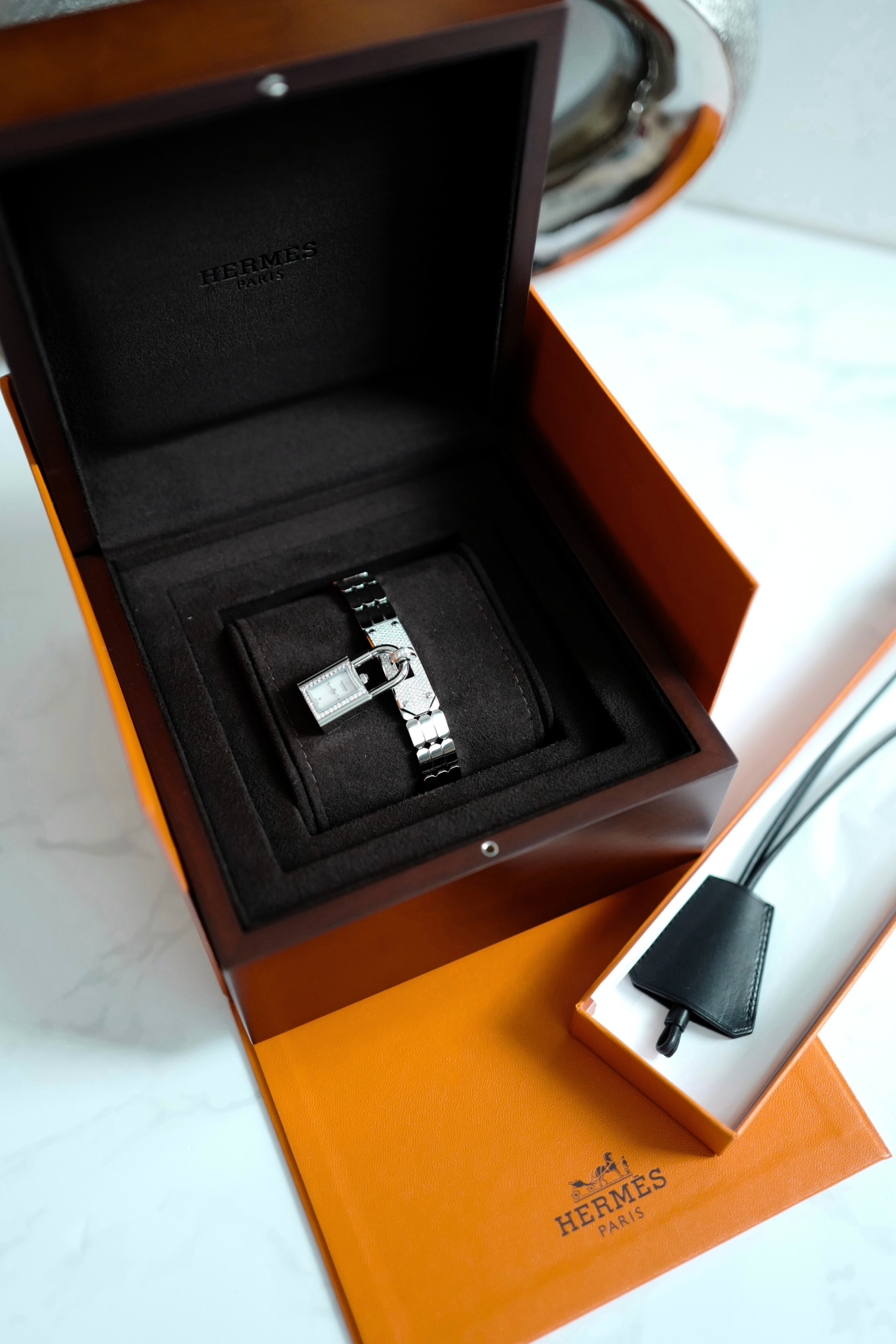 BNIB Hermes Kelly Watch Mini Model, 16 mm, Diamond Stainless Steel Bracelet