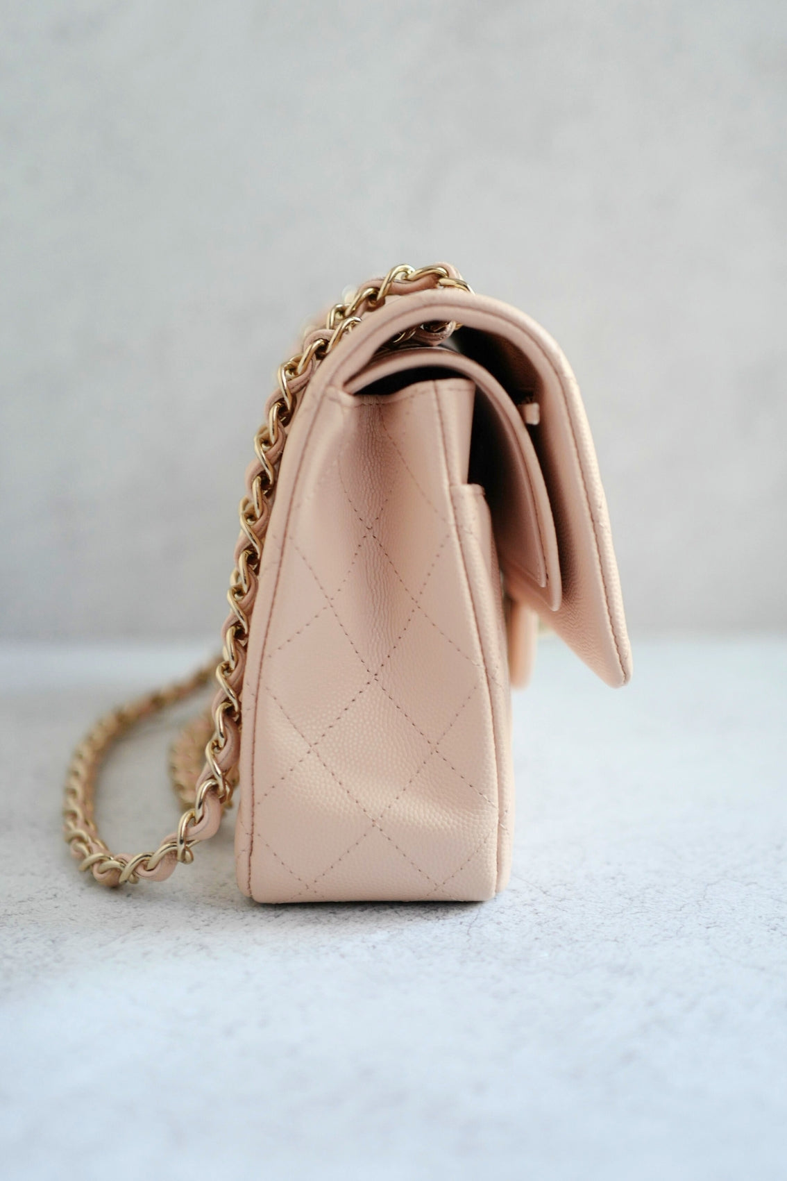 BNIB Chanel Medium Classic Double Flap Bag Beige Clair Grained Gold Hardware