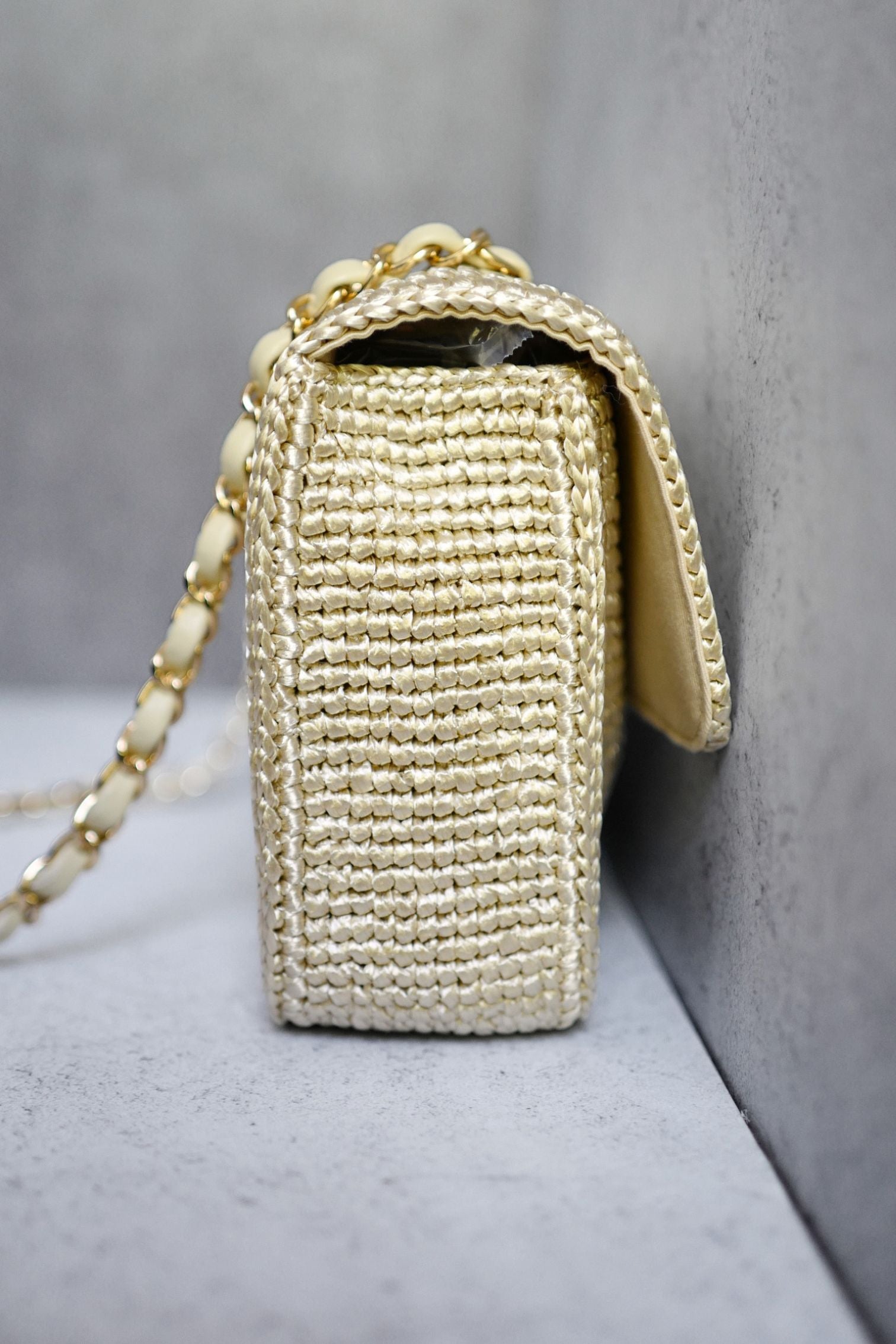 Chanel 26M Coco Beach Small Flap Bag Cream Braided Raffia Gold Hardware