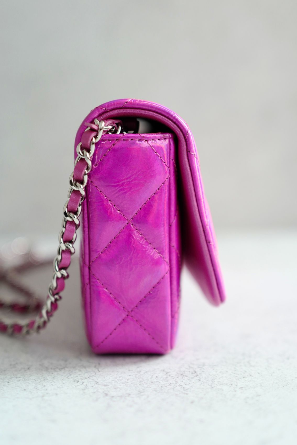 NEW Chanel Wallet on Chain Iridescent Mirror Goatskin Silver Fuchsia Cruise 24C