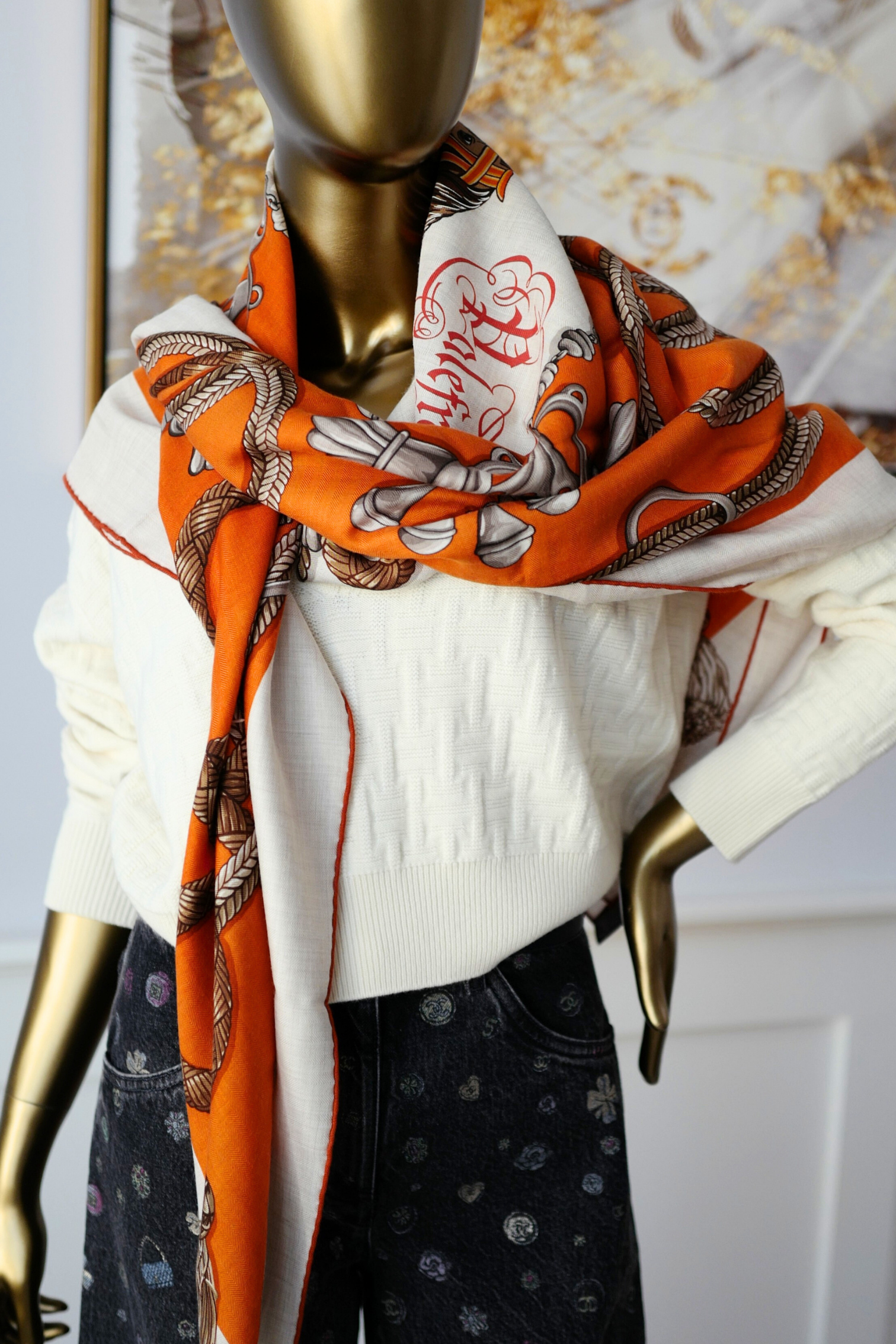 Hermès Palefroi Shawl 140 Cashmere Silk – Naturel / Orange Cuit / Cannelle