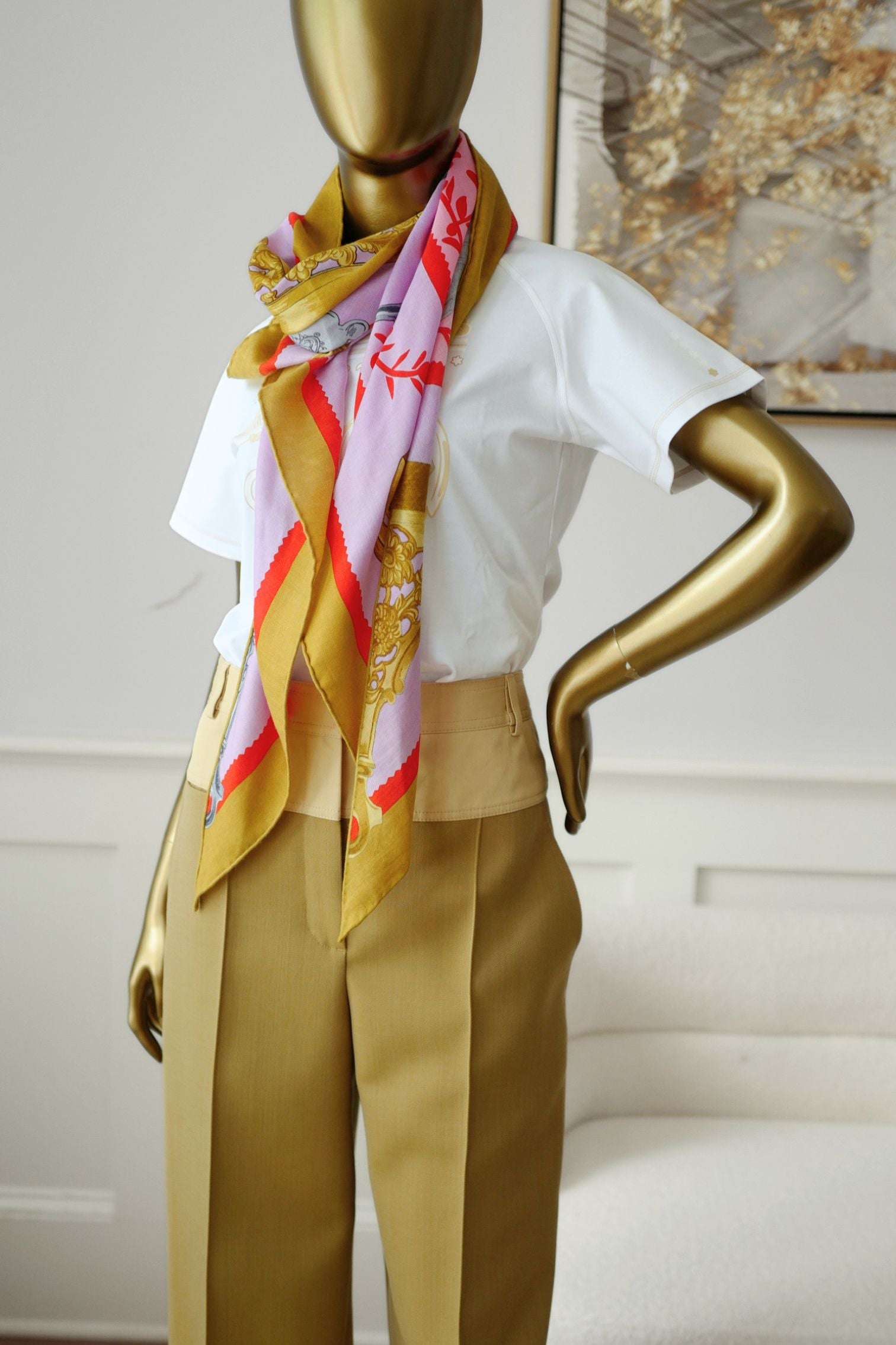 Hermès Etriers Triangle Scarf Pink Multicolor Cashmere Silk
