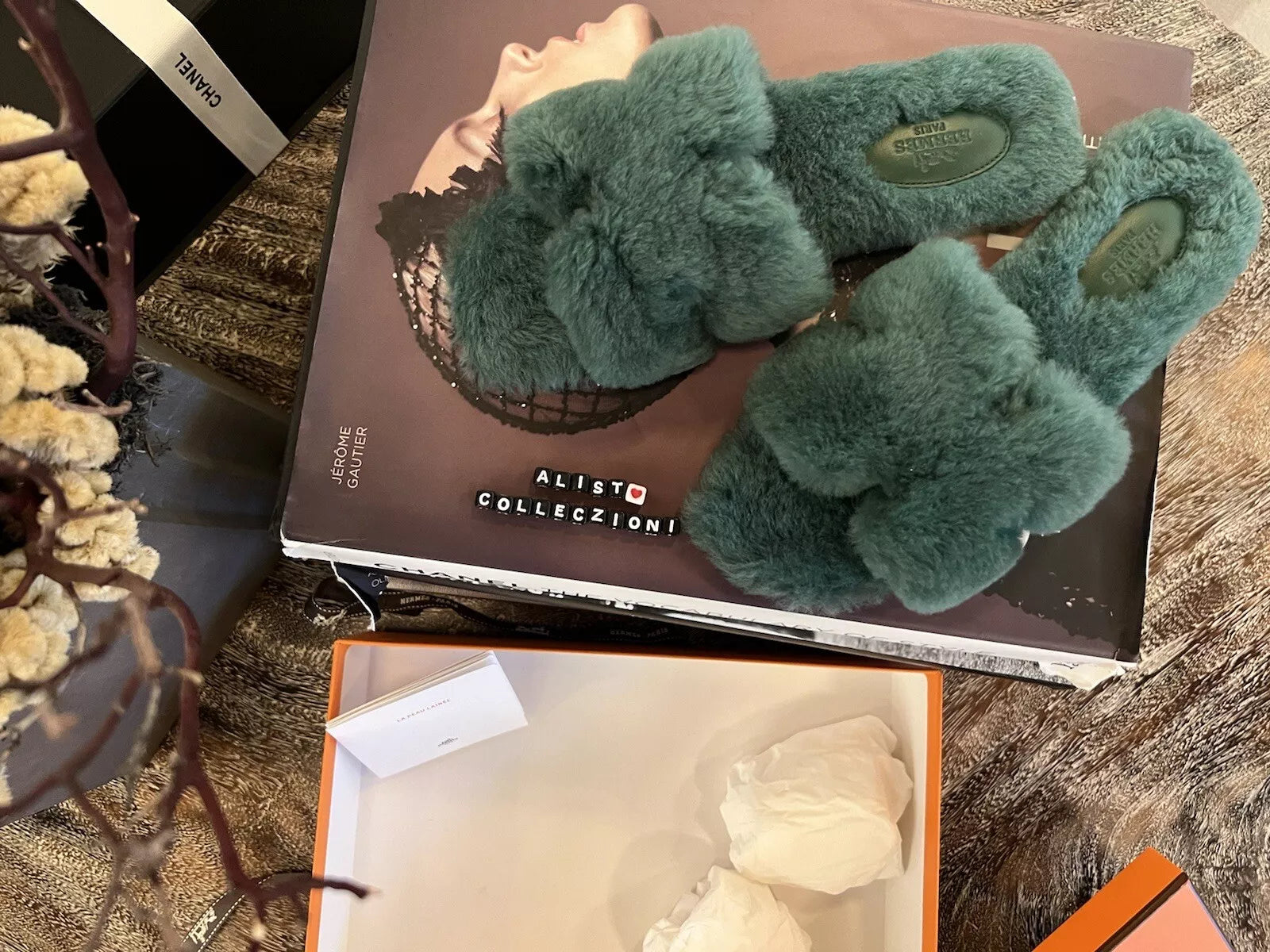 Hermes Oran Vert Anglais Fur Pom Pom Fuzzy Size 37.5 BNIB