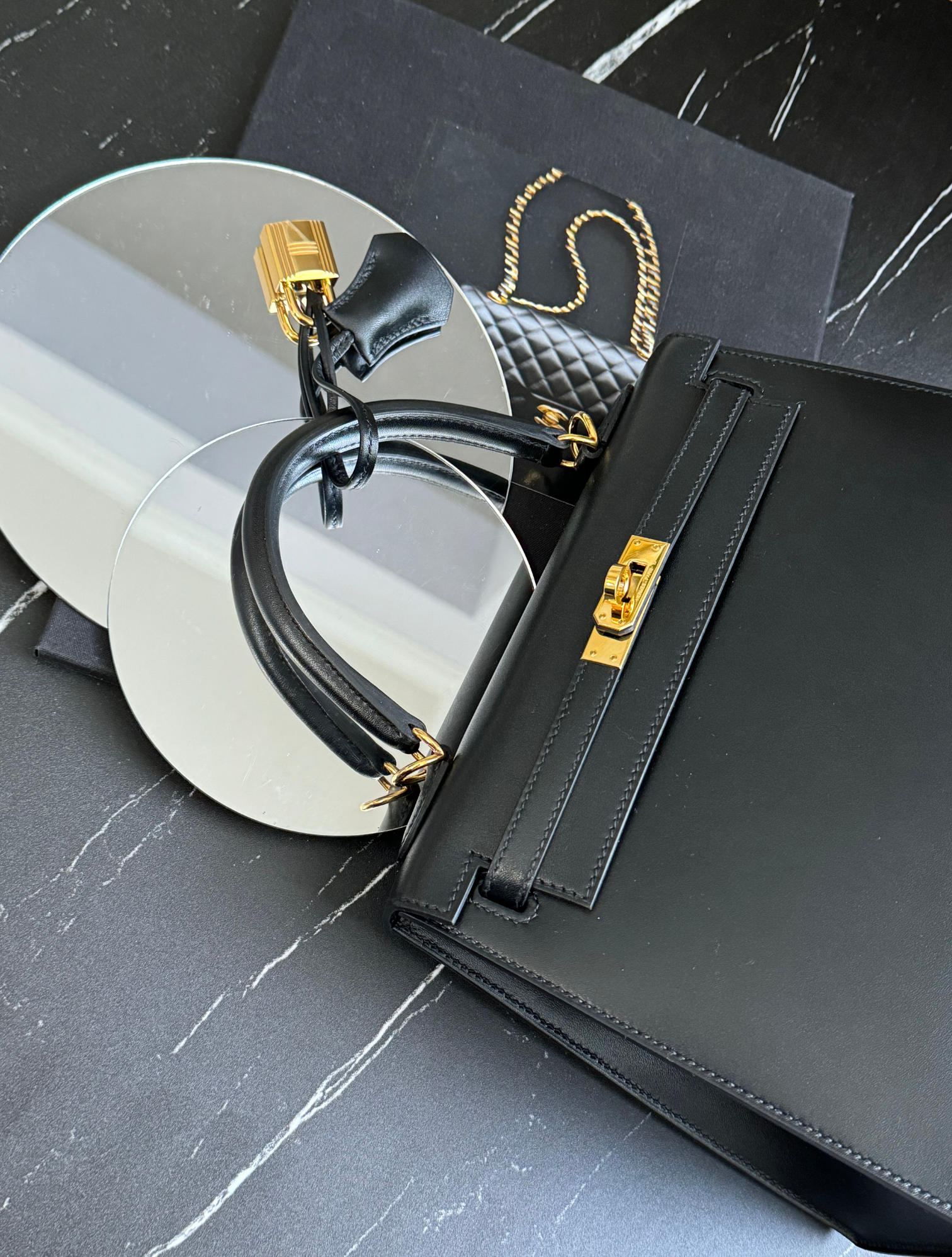 Hermes Kelly 25 Black Tadelakh Sellier Gold HW Complete Original Receipt NEW