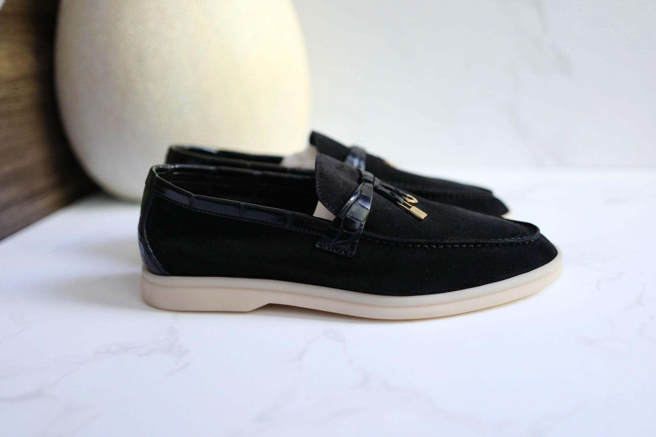 BNIB Loro Piana Summer Charms Walk Loafers In Black Suede Alligator strap Size 37