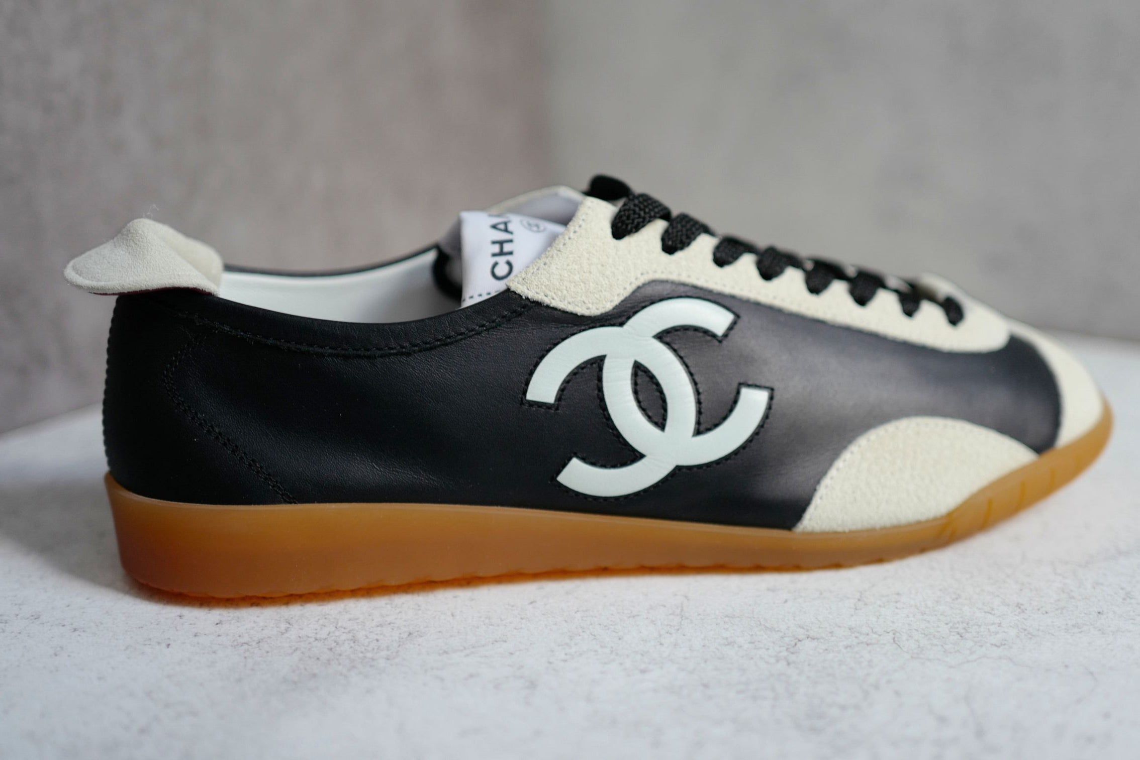 NEW Chanel 26P Sneakers Black White Calfskin Embossed Suede Size 39