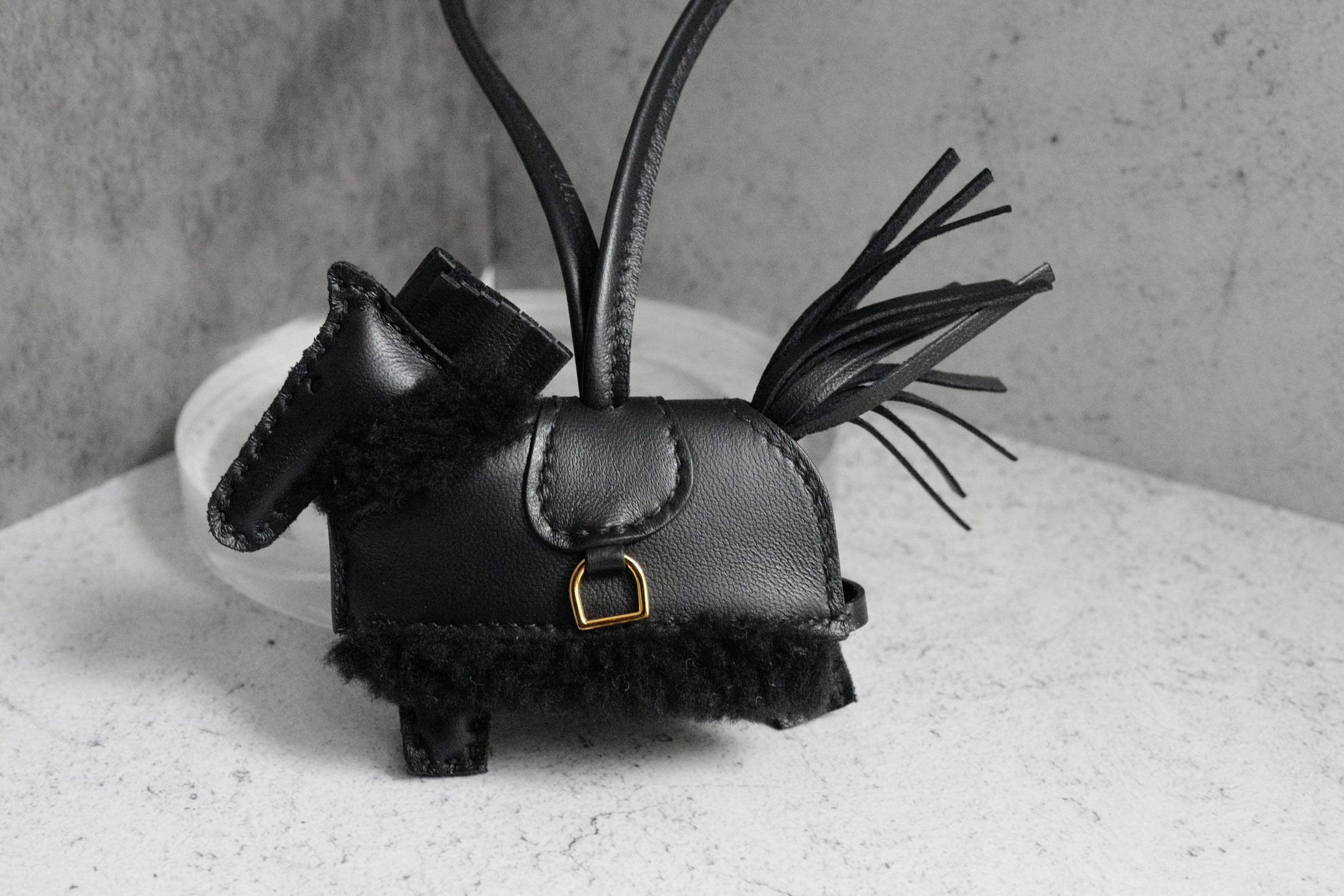 Hermès Horse Charm Rodeo Robeo Plush PM Noir Lambskin Wool Yellow Gold Plated
