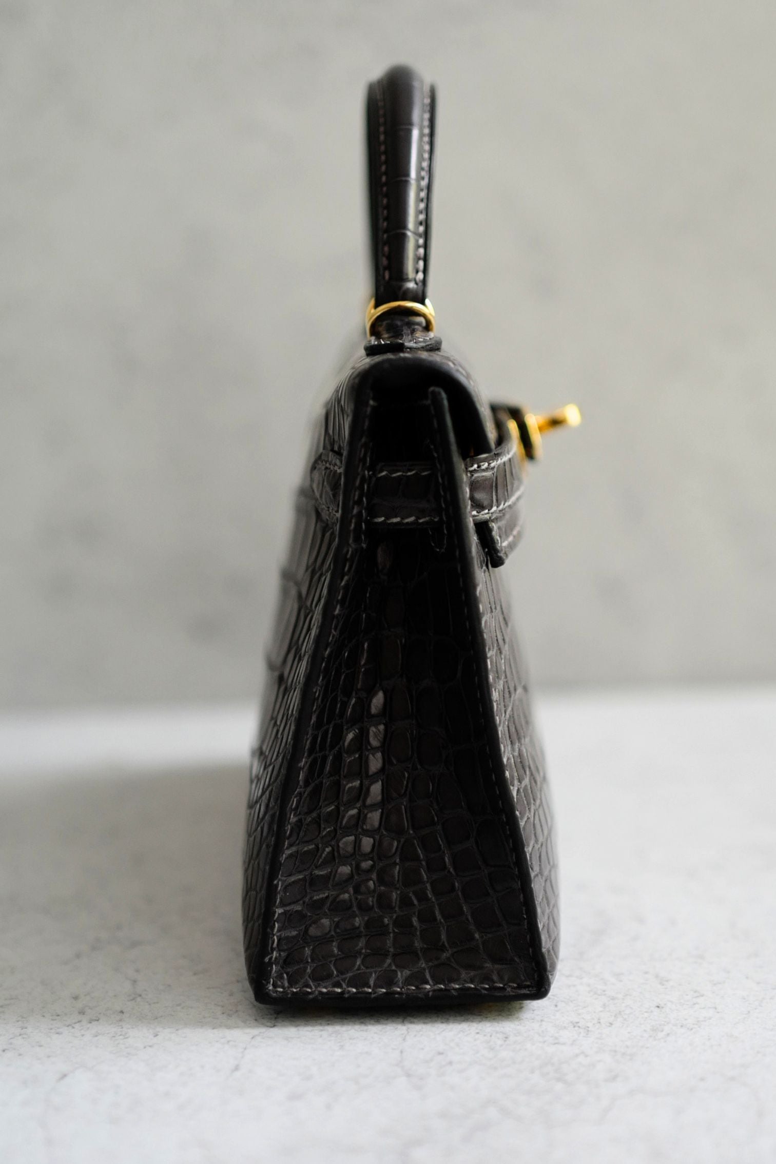 Hermès Mini Kelly Graphite Sellier Alligator Mississippiens K Stamp GHW