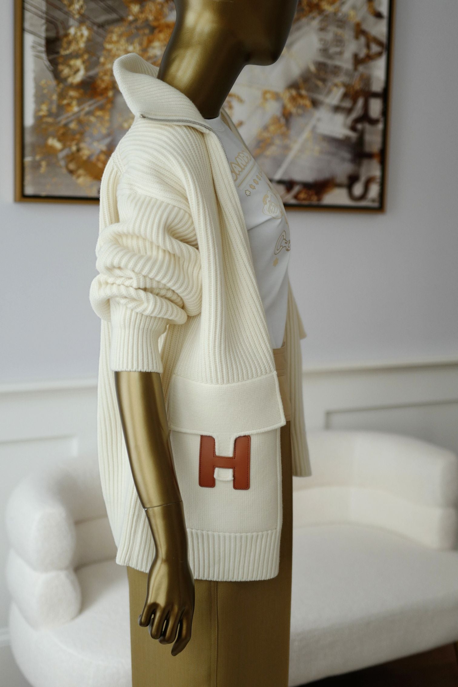 Hermès Blouson Cardigan Blanc Naturel Wool Knit Size 34