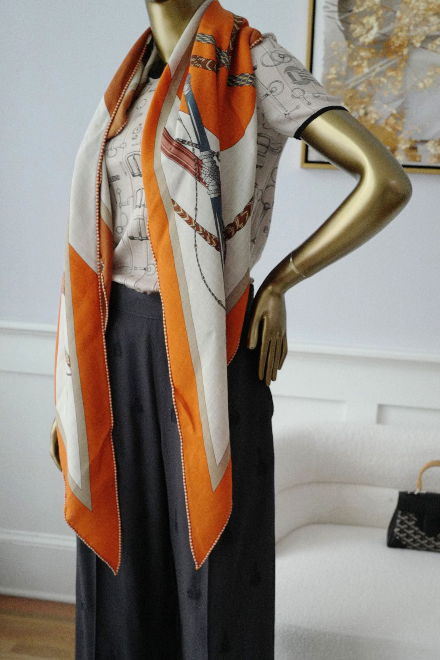 Hermès Clic-Clac Triangle Scarf Orange Cuit /Naturel/Caramel Cashmere Silk
