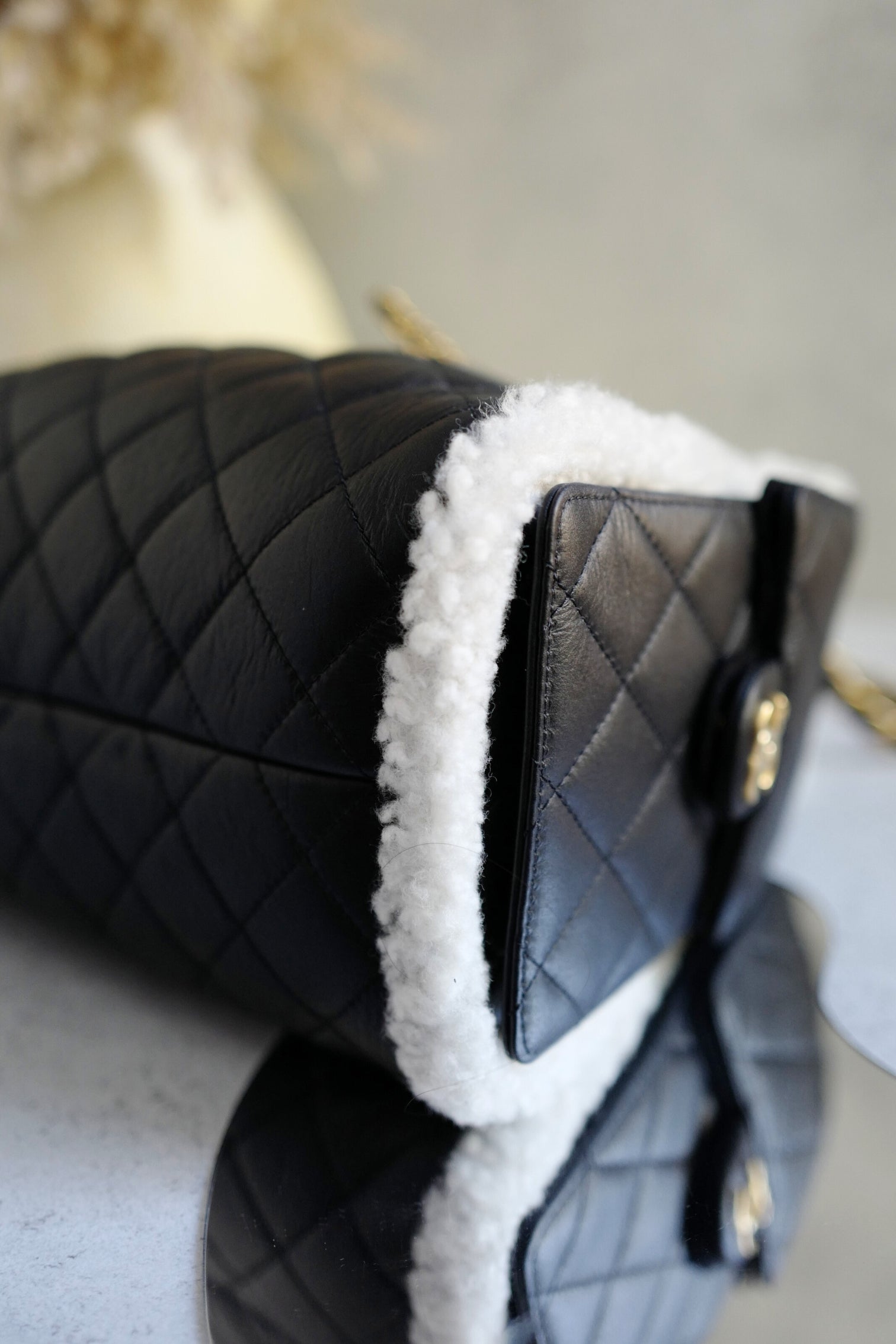 Chanel 25K Small Hobo Bag Black Calfskin with White Shearling Trim Gold Hardware