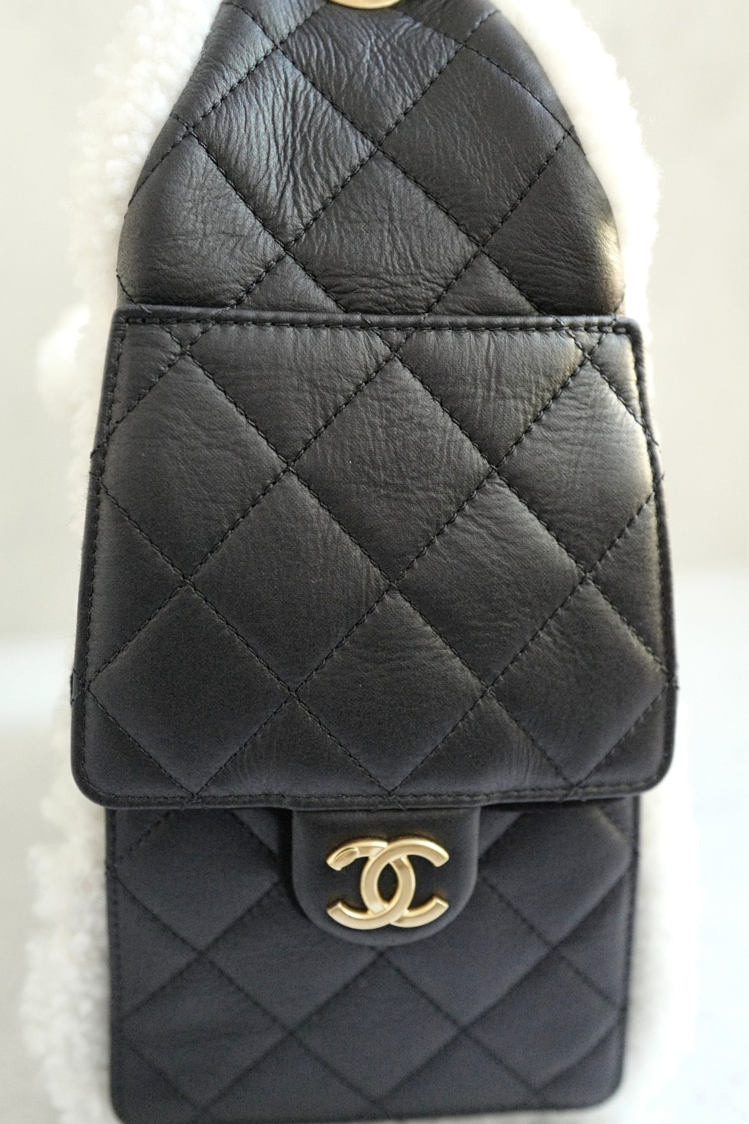 Chanel 25K Small Hobo Bag Black Calfskin with White Shearling Trim Gold Hardware