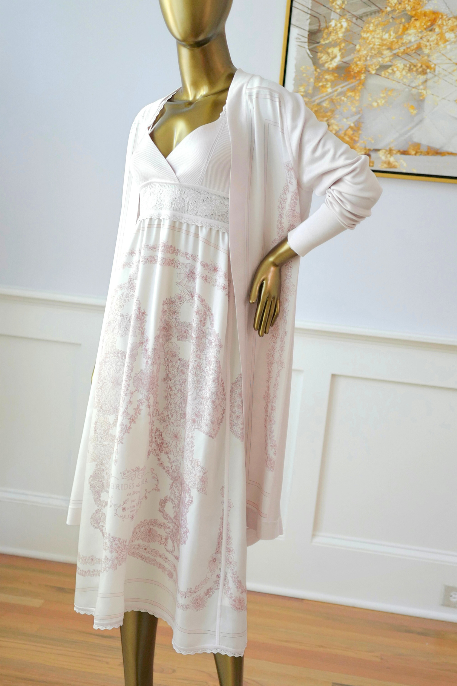 NEW Hermès "Brides de Gala en Fleurs" long-sleeve twillaine– Rose Pâle Pink- Size 34 $5K Retail
