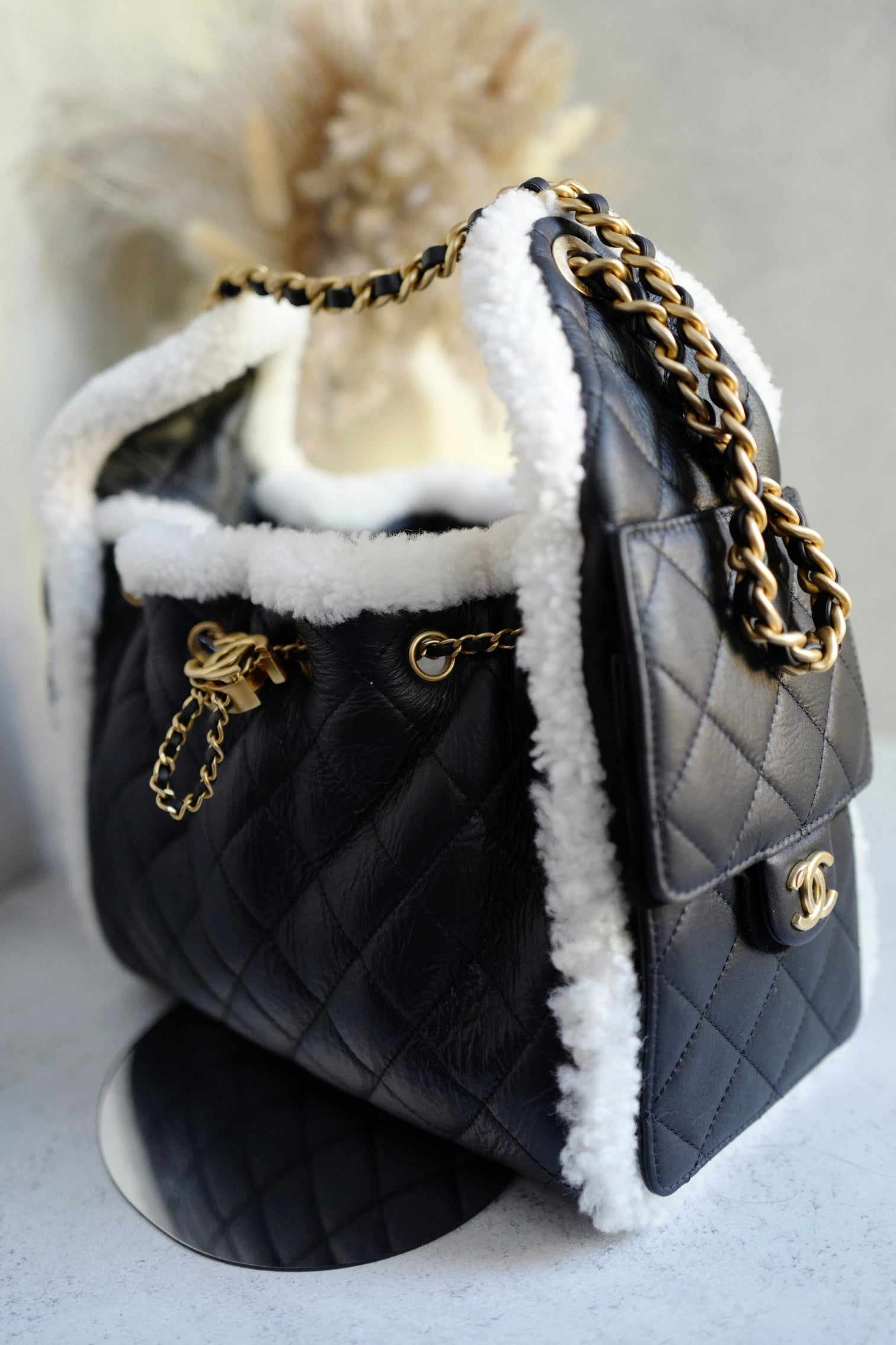 Chanel 25K Small Hobo Bag Black Calfskin with White Shearling Trim Gold Hardware
