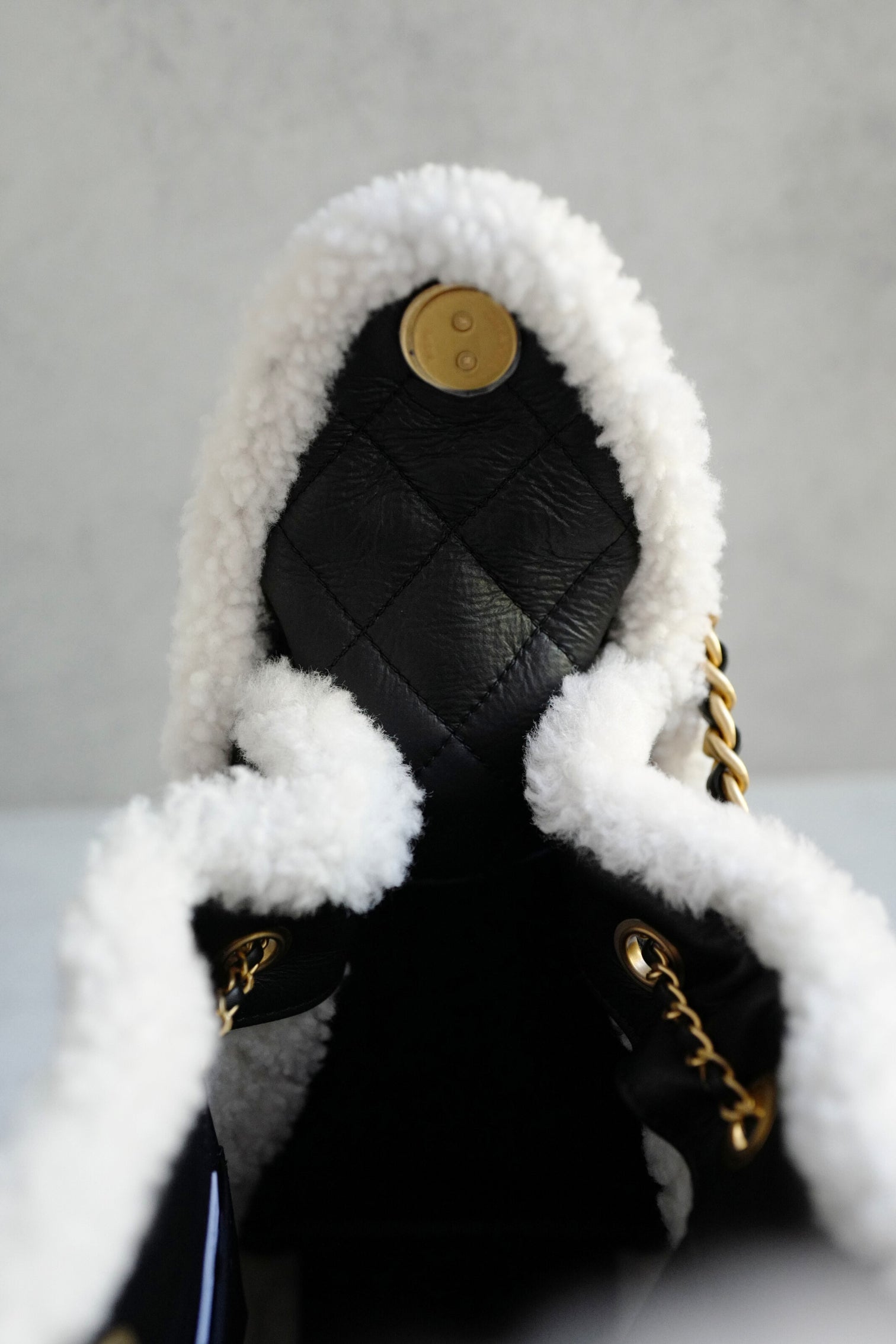 Chanel 25K Small Hobo Bag Black Calfskin with White Shearling Trim Gold Hardware