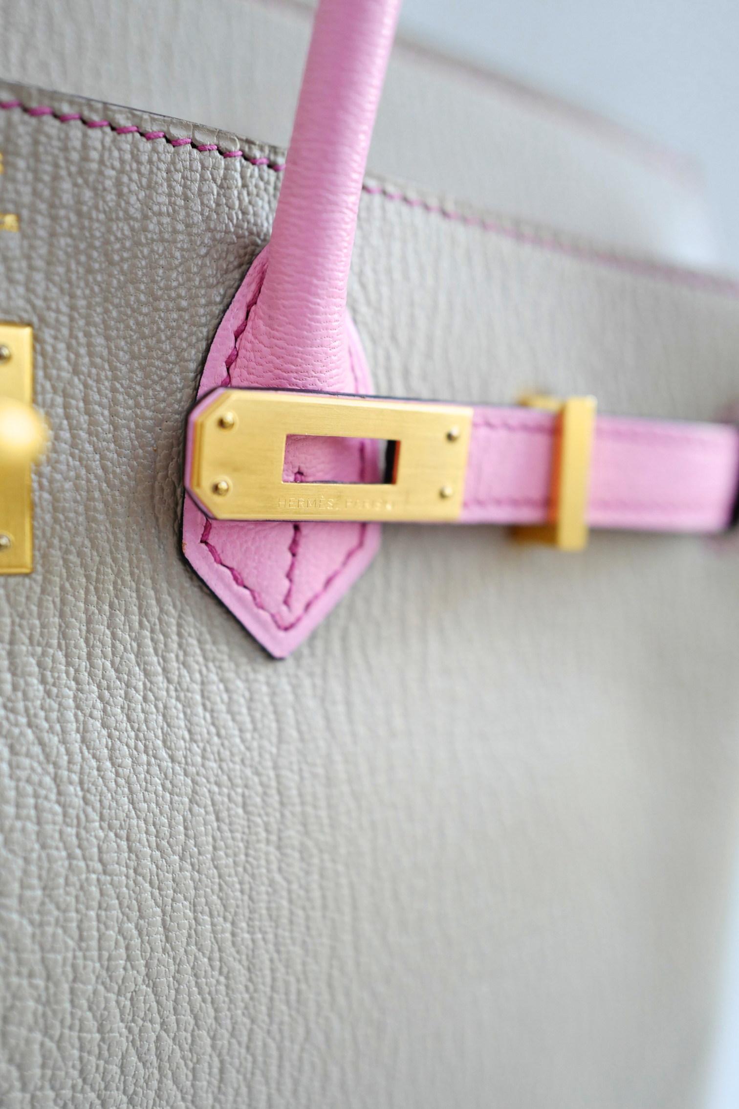 Hermes Birkin 25 HSS Gris Tortuelle / 5P Bubblegum Pink Chevre Brushed Gold HW