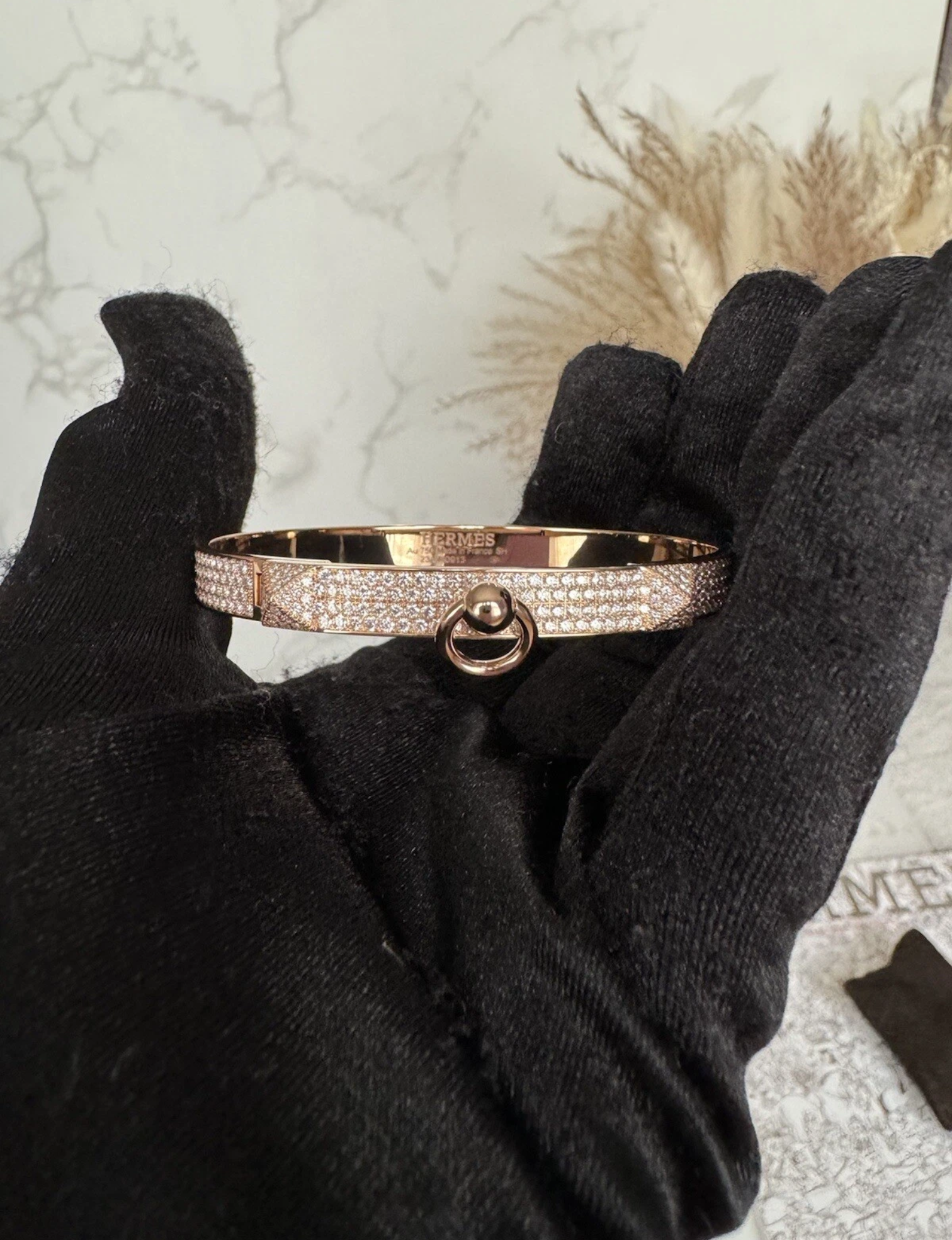 NEW Hermes Collier De Chien Bracelet Rose Gold Full Paved Diamond Small SH $60K