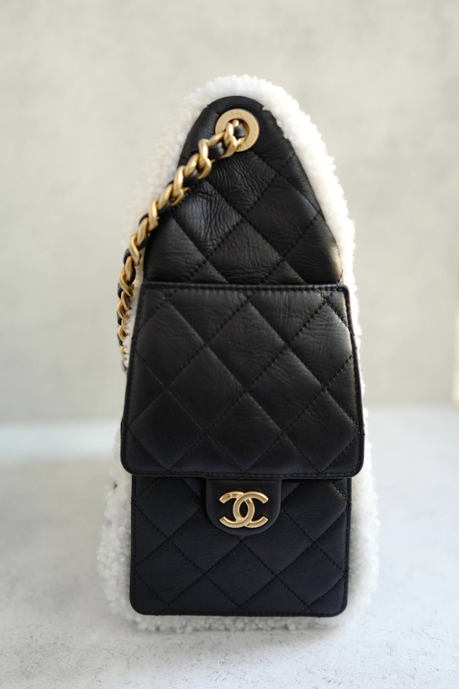 Chanel 25K Small Hobo Bag Black Calfskin with White Shearling Trim Gold Hardware