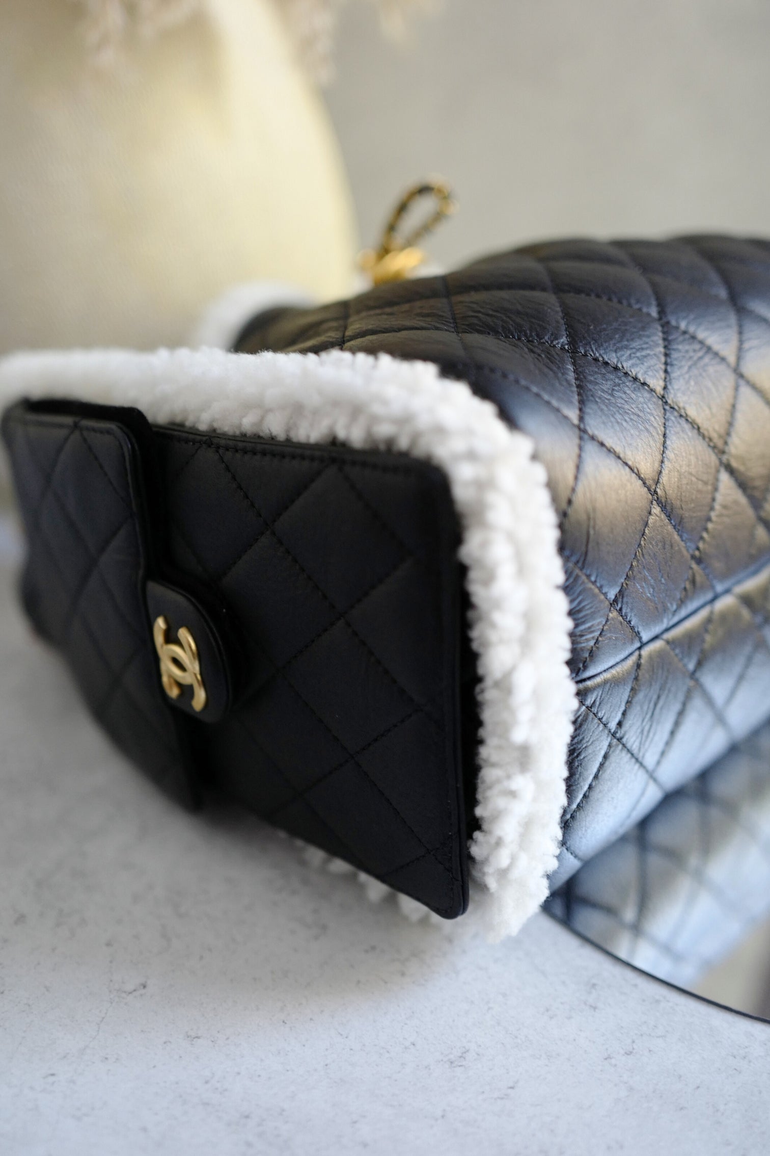 Chanel 25K Small Hobo Bag Black Calfskin with White Shearling Trim Gold Hardware