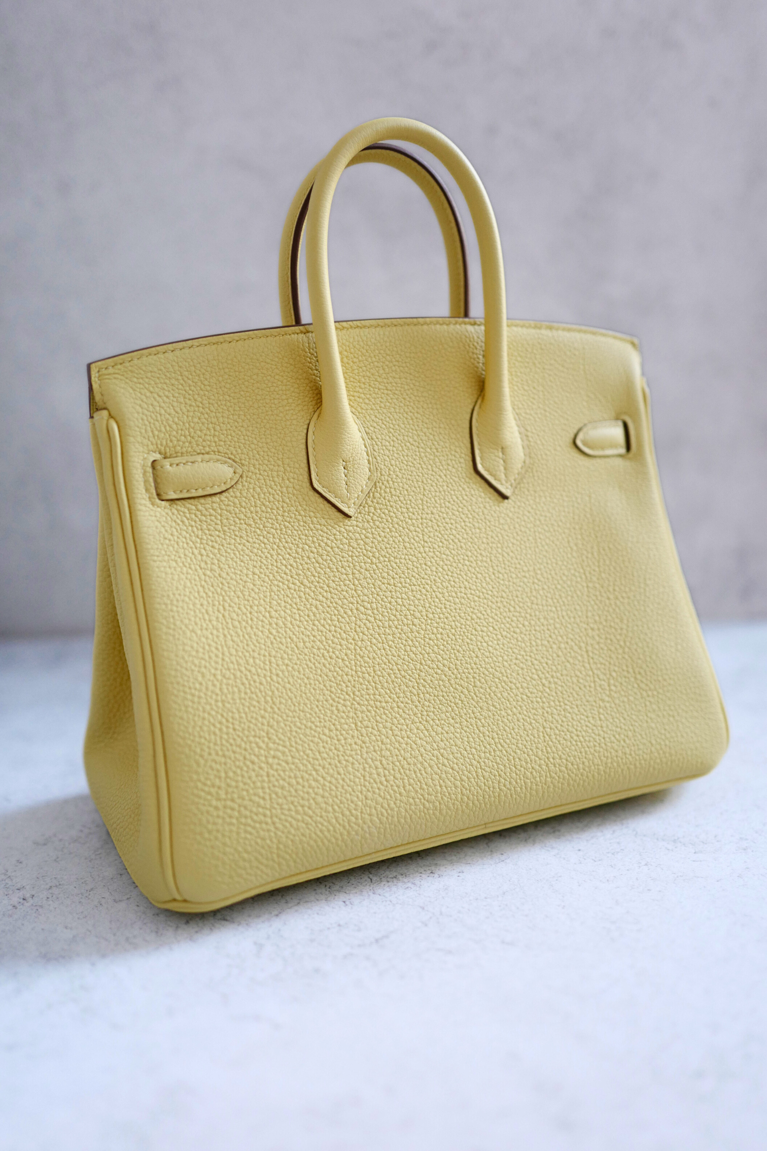 BNIB Hermès Birkin 25 Bag Jaune Poussin Togo Leather Palladium Hardware Stamp W