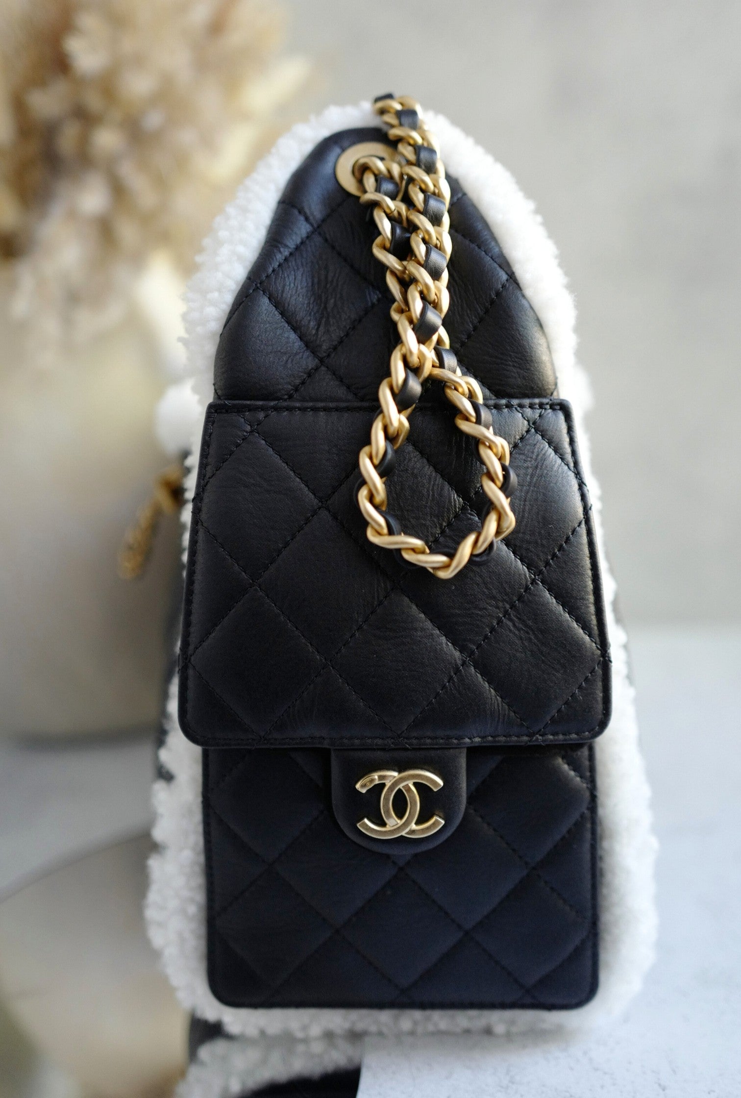 Chanel 25K Small Hobo Bag Black Calfskin with White Shearling Trim Gold Hardware