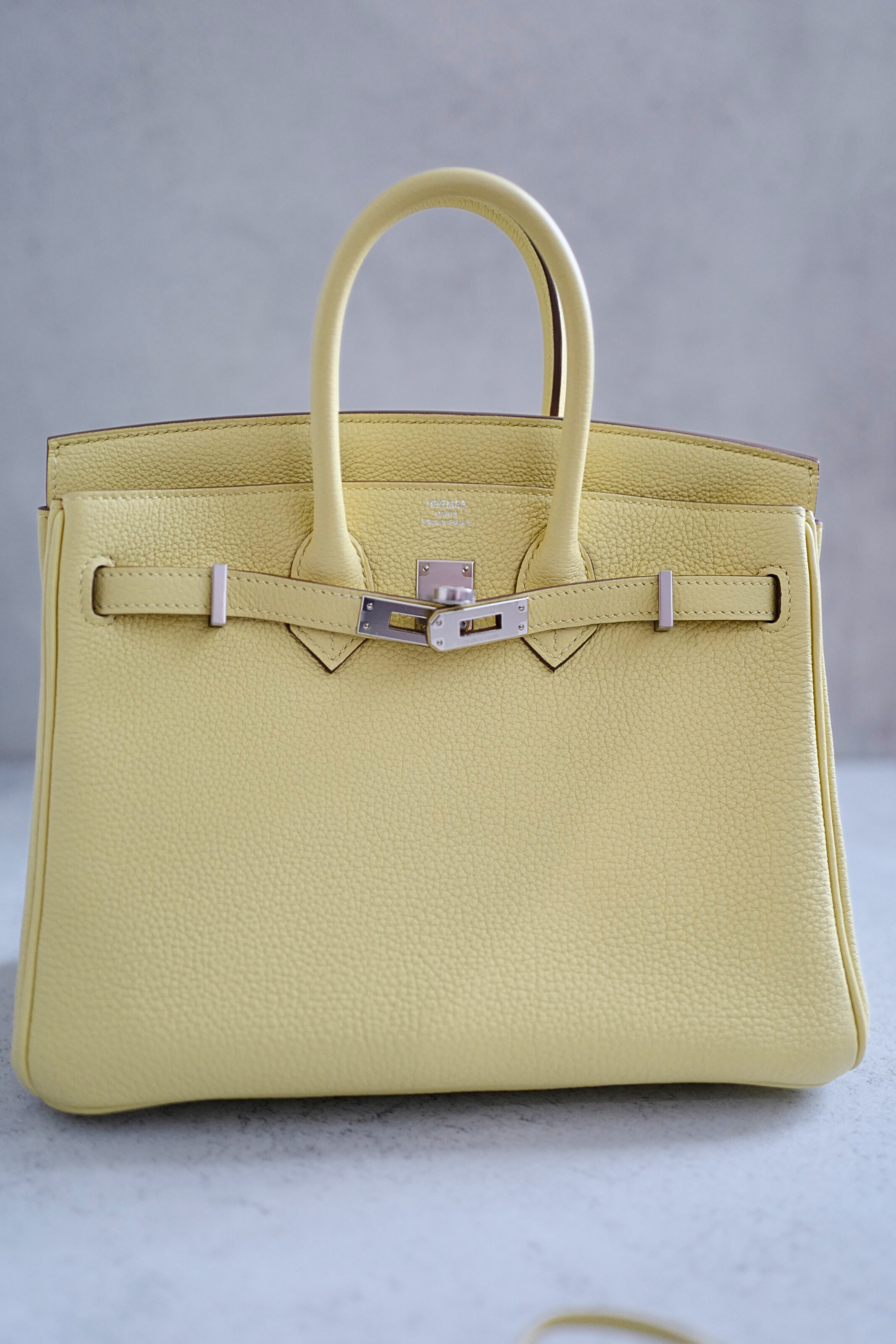 BNIB Hermès Birkin 25 Bag Jaune Poussin Togo Leather Palladium Hardware Stamp W