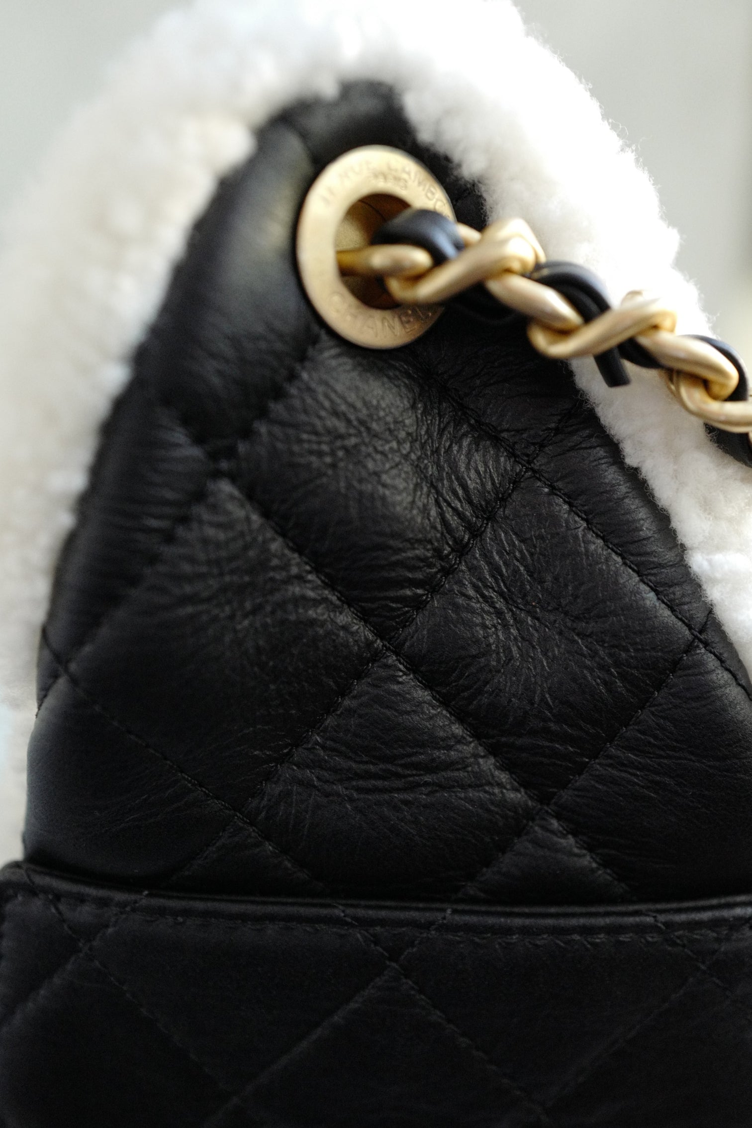 Chanel 25K Small Hobo Bag Black Calfskin with White Shearling Trim Gold Hardware