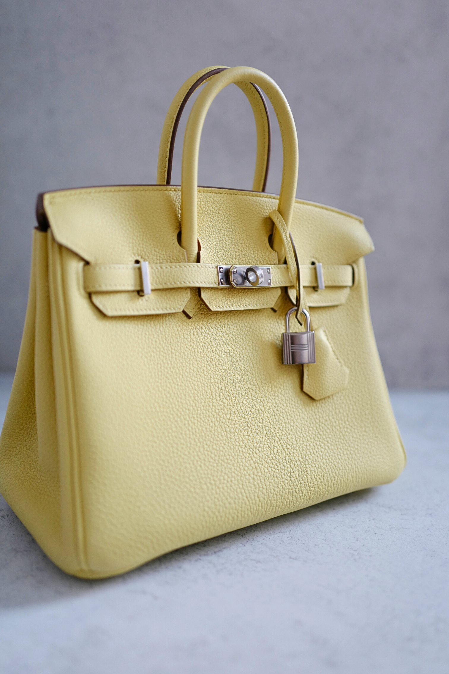 BNIB Hermès Birkin 25 Bag Jaune Poussin Togo Leather Palladium Hardware Stamp W