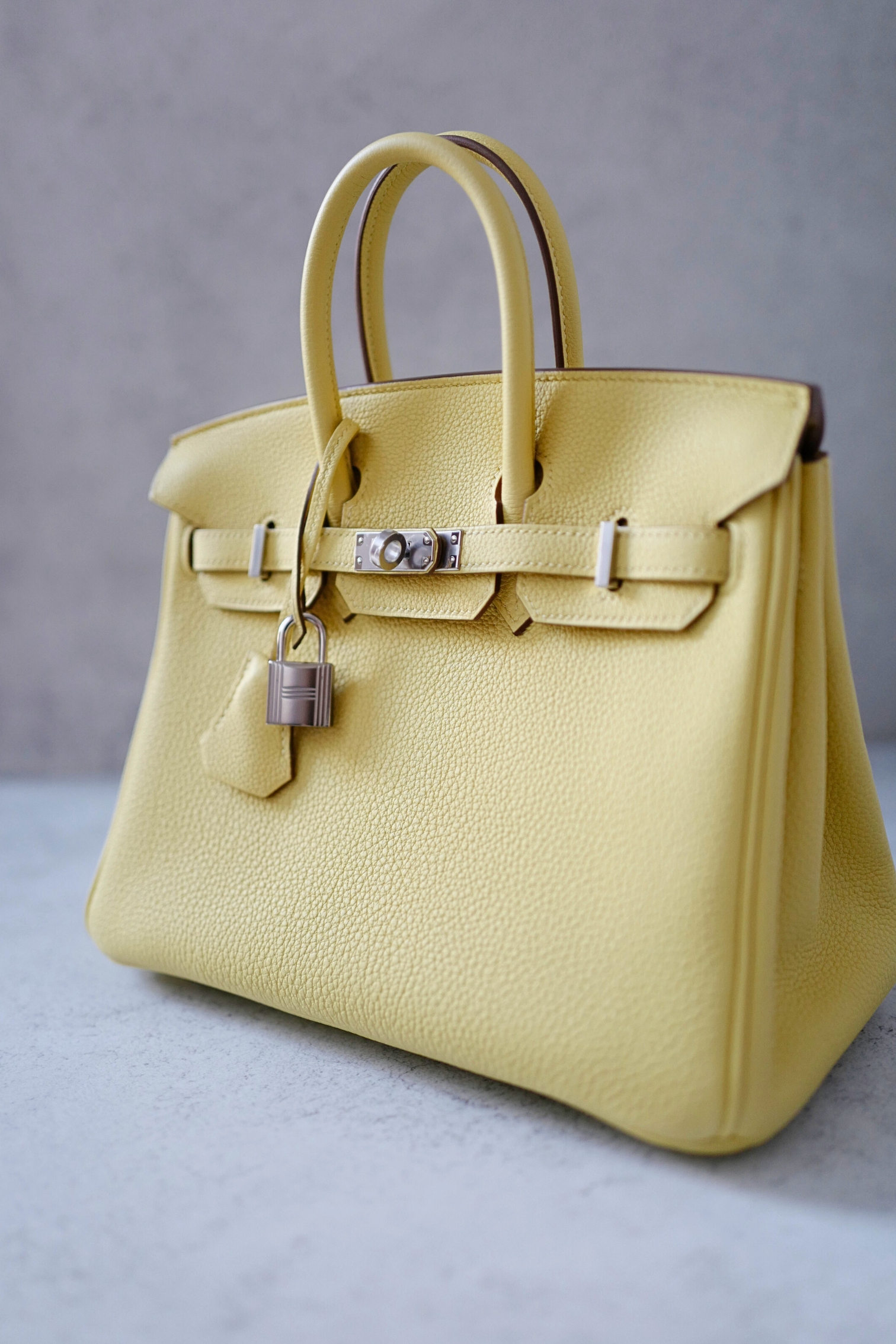 BNIB Hermès Birkin 25 Bag Jaune Poussin Togo Leather Palladium Hardware Stamp W
