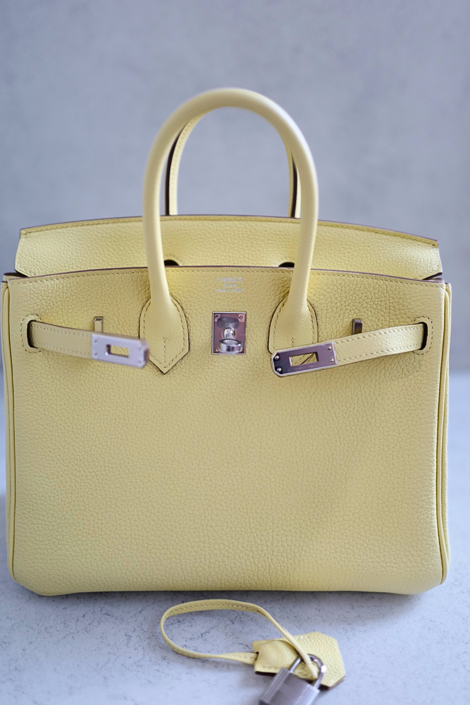 BNIB Hermès Birkin 25 Bag Jaune Poussin Togo Leather Palladium Hardware Stamp W