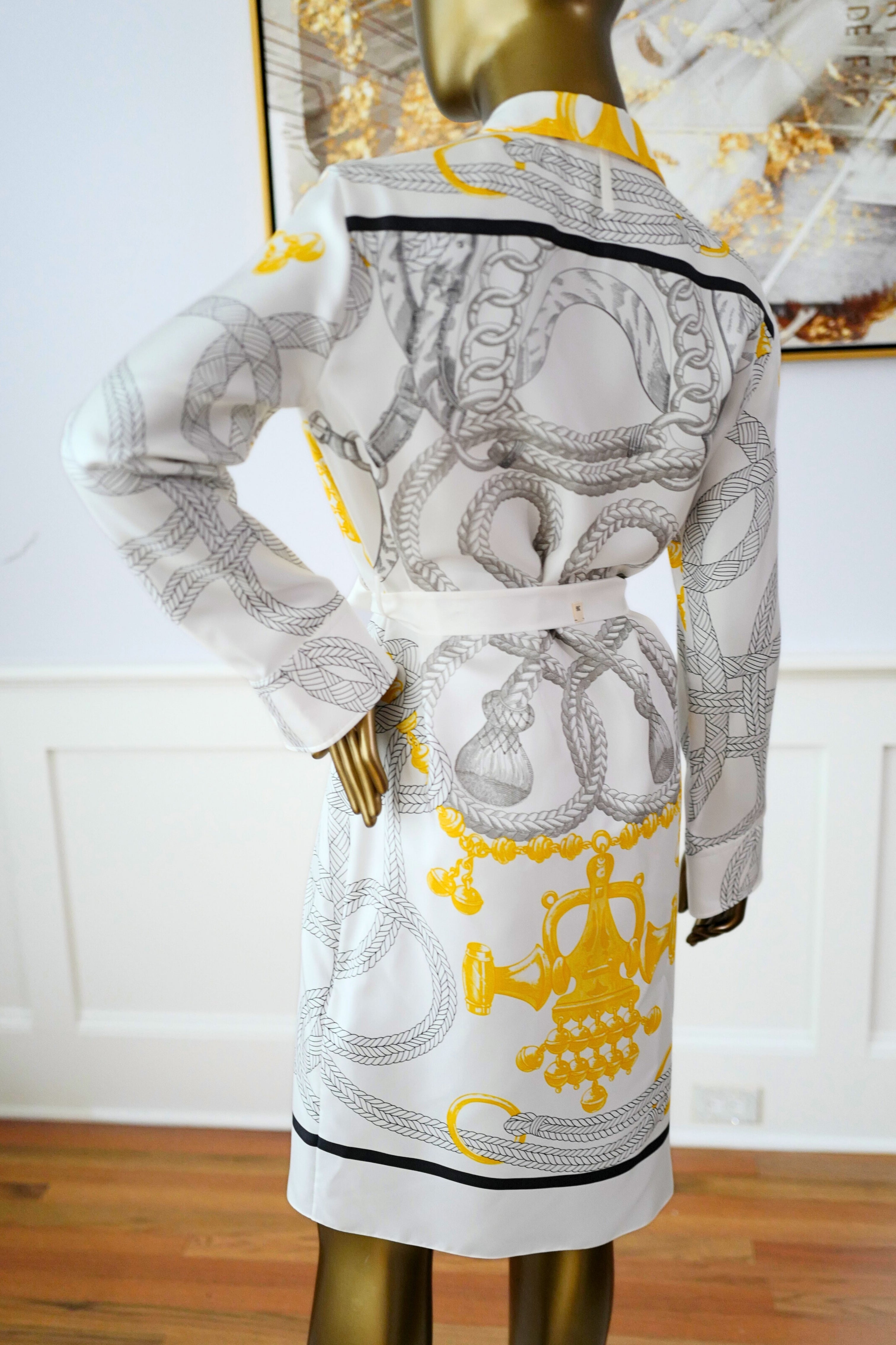 NEW Hermès "Palefroi Remix" Shirt Dress Blanc Nacre Silk Size 36