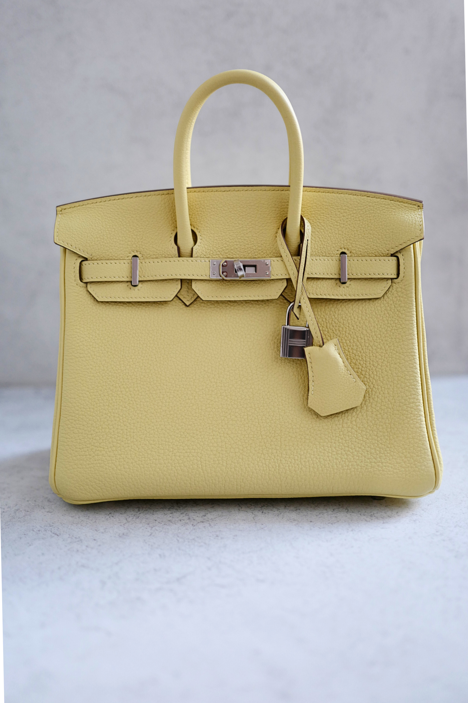 BNIB Hermès Birkin 25 Bag Jaune Poussin Togo Leather Palladium Hardware Stamp W