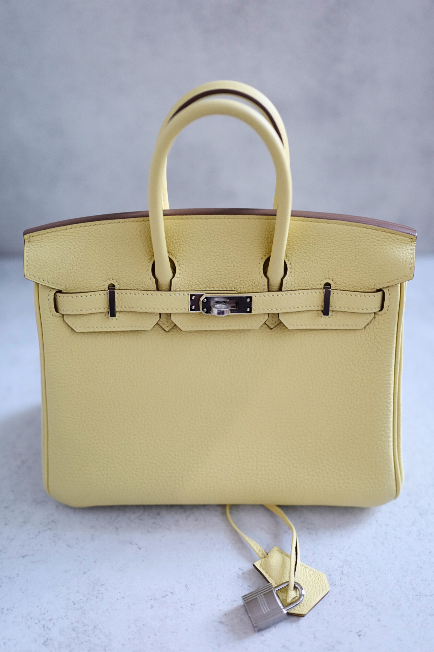 BNIB Hermès Birkin 25 Bag Jaune Poussin Togo Leather Palladium Hardware Stamp W