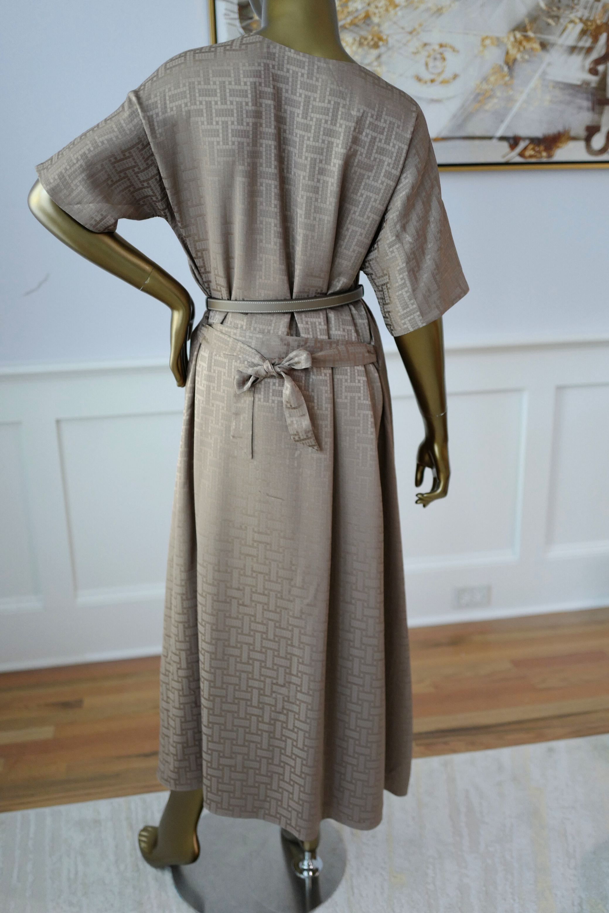 NEW Hermès Mosaique Belted Caftan Dress in Jacquard Silk Gris Étoupe Size 36