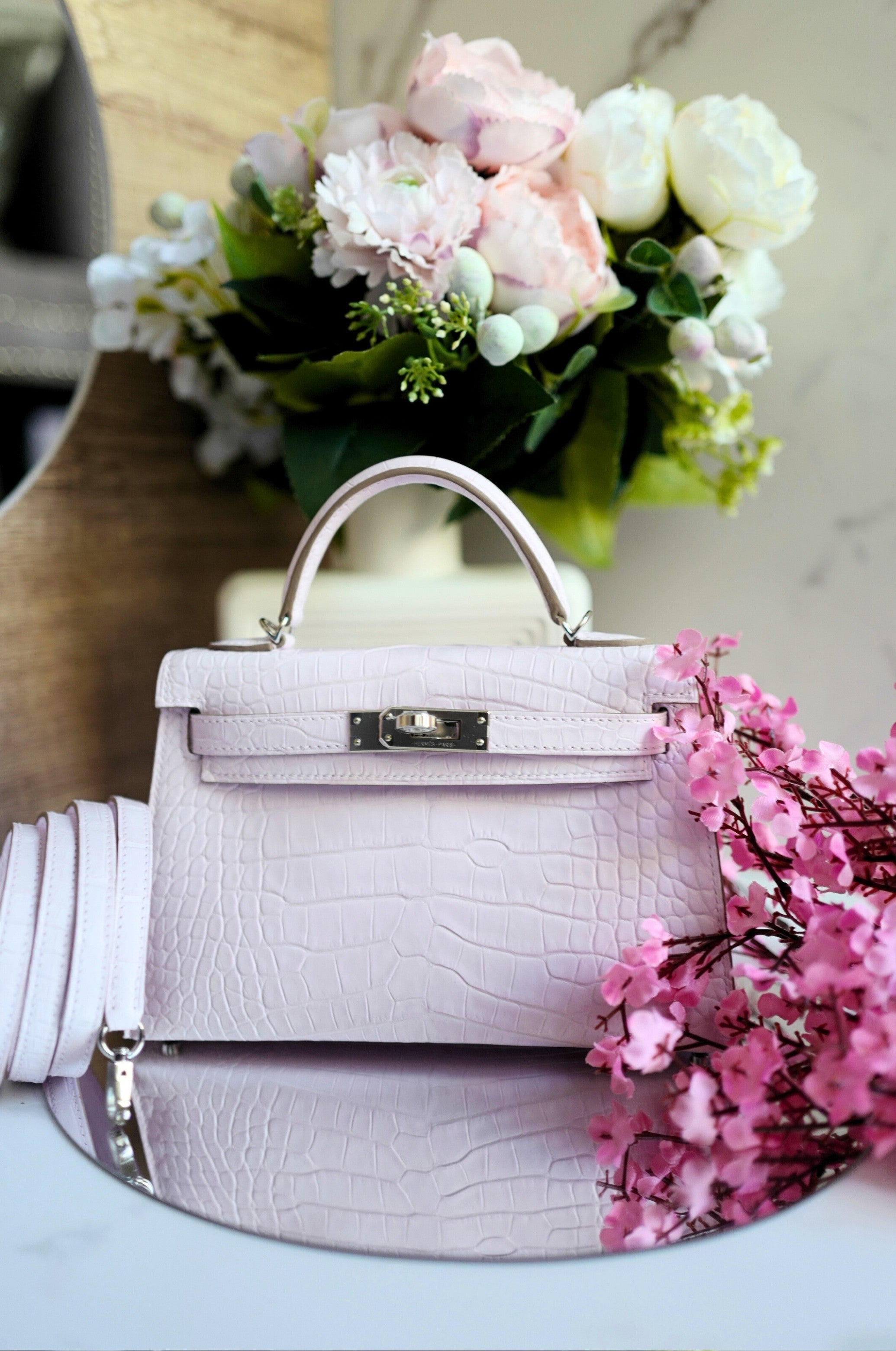 BNIB Hermès Mini Kelly 20 Mauve Pale Matte Alligator Palladium Hardware K Stamp 2025