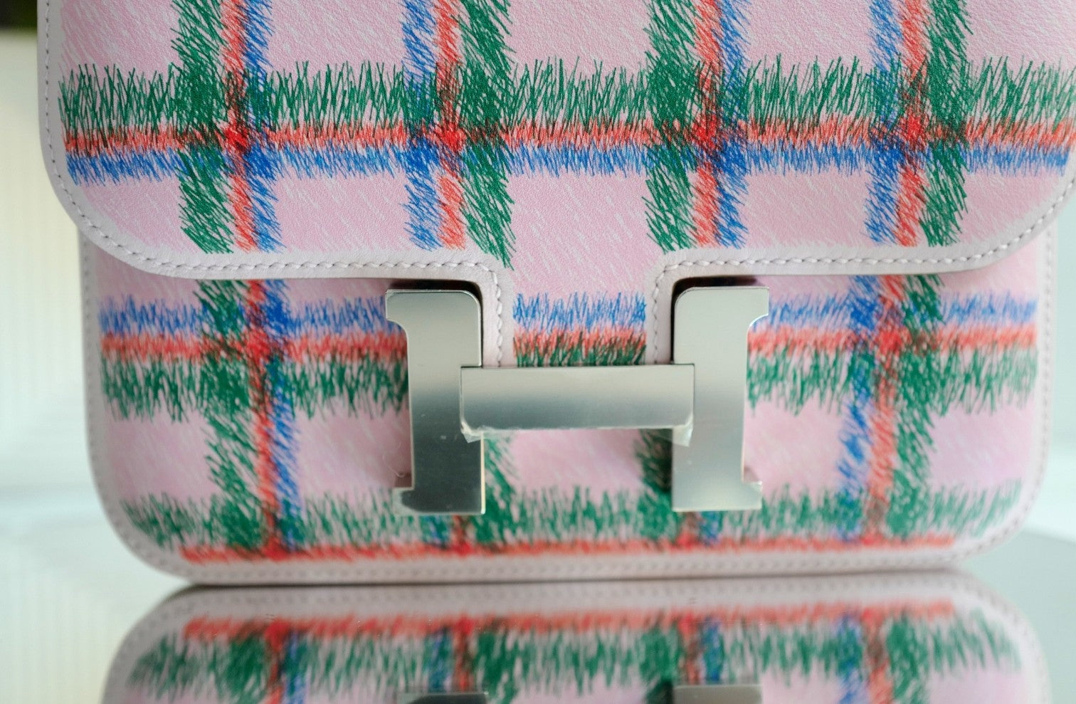 BNIB Hermès Constance 18 Mirror Tartan Pink Leather Shoulder Bag Palladium Hardware