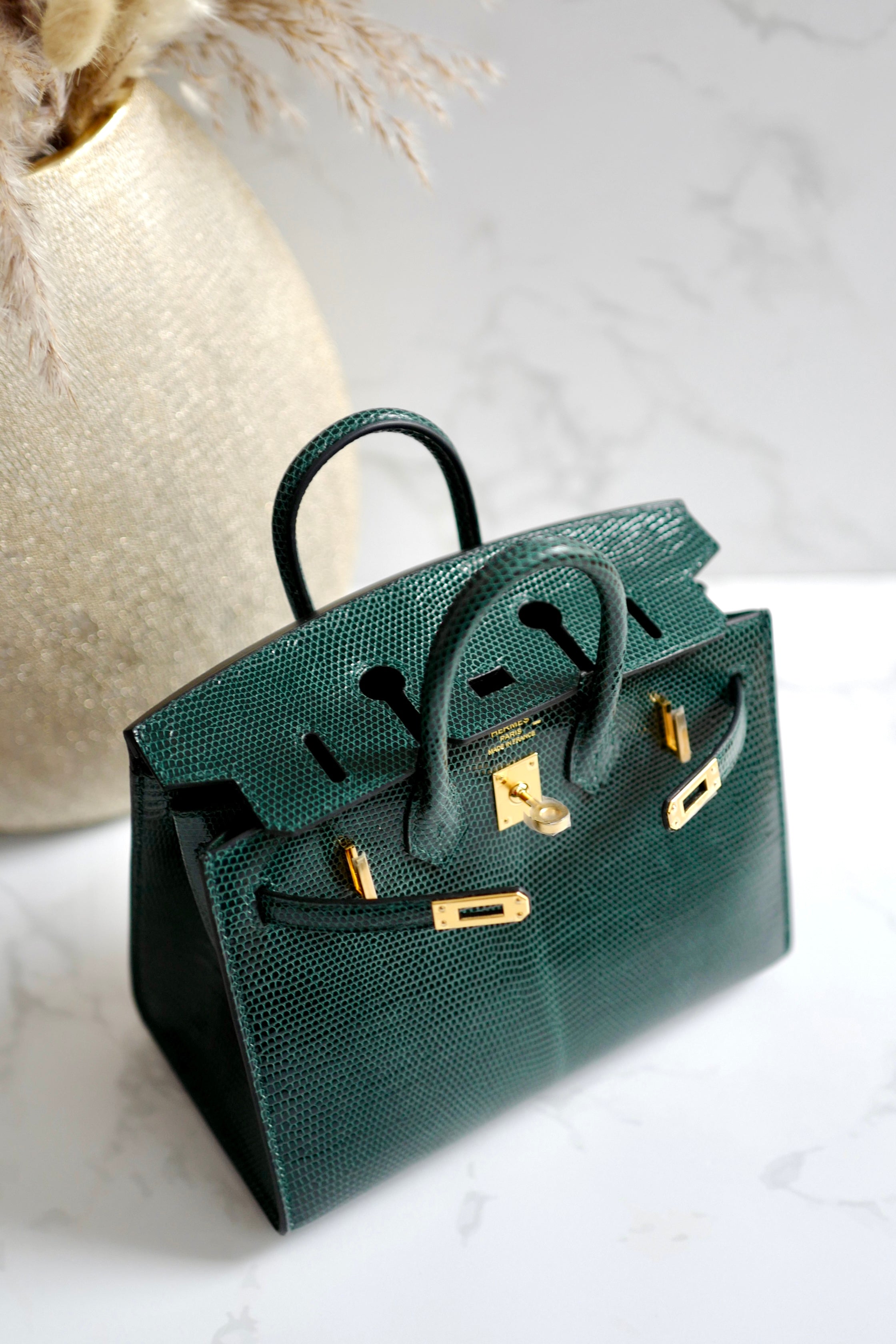 Hermes BIRKIN 20 Lizard Lisse in Vert Cypress Gold Hardware