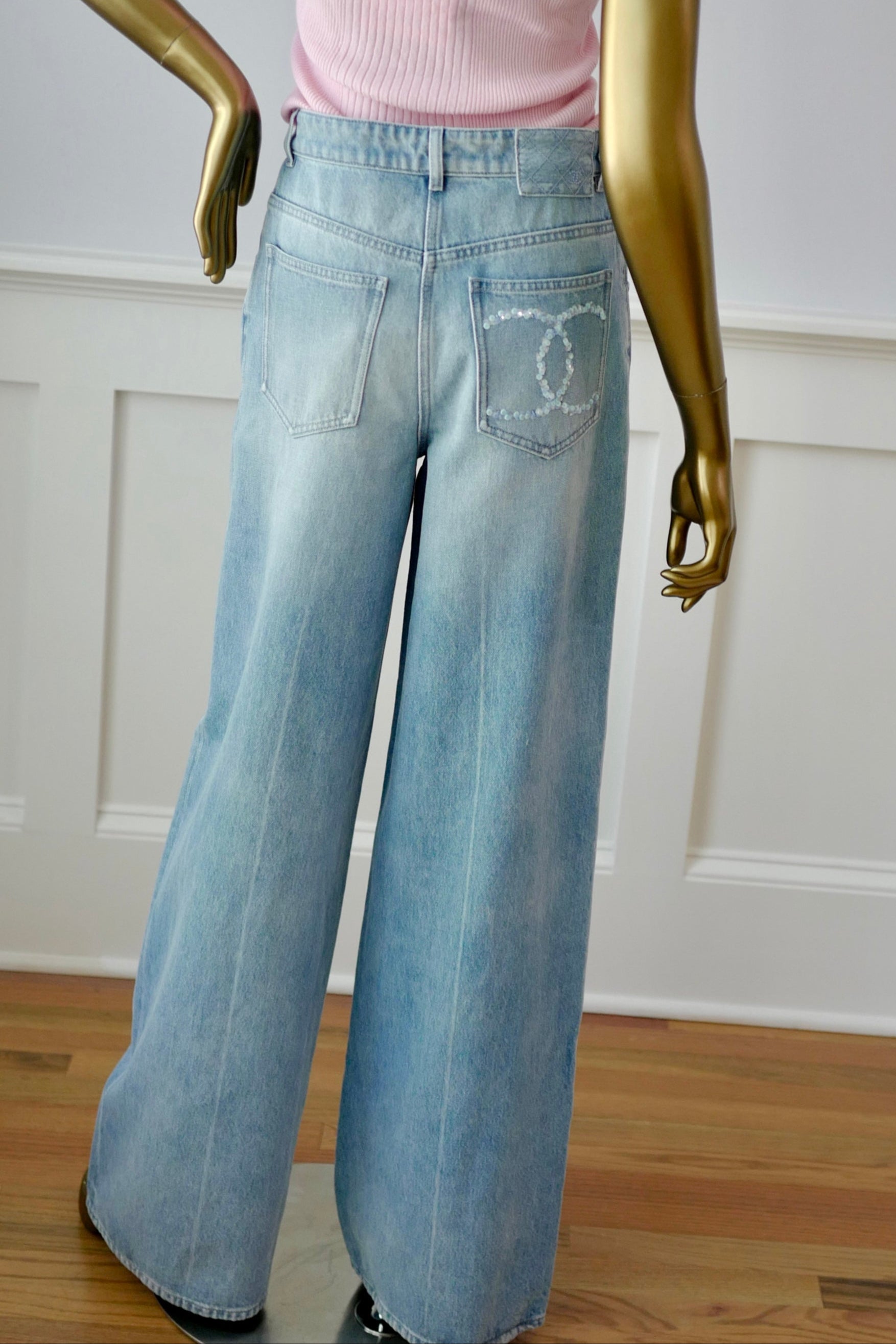 Chanel Printemps 25S CC Sequins Denim Jeans Wide Leg size 38