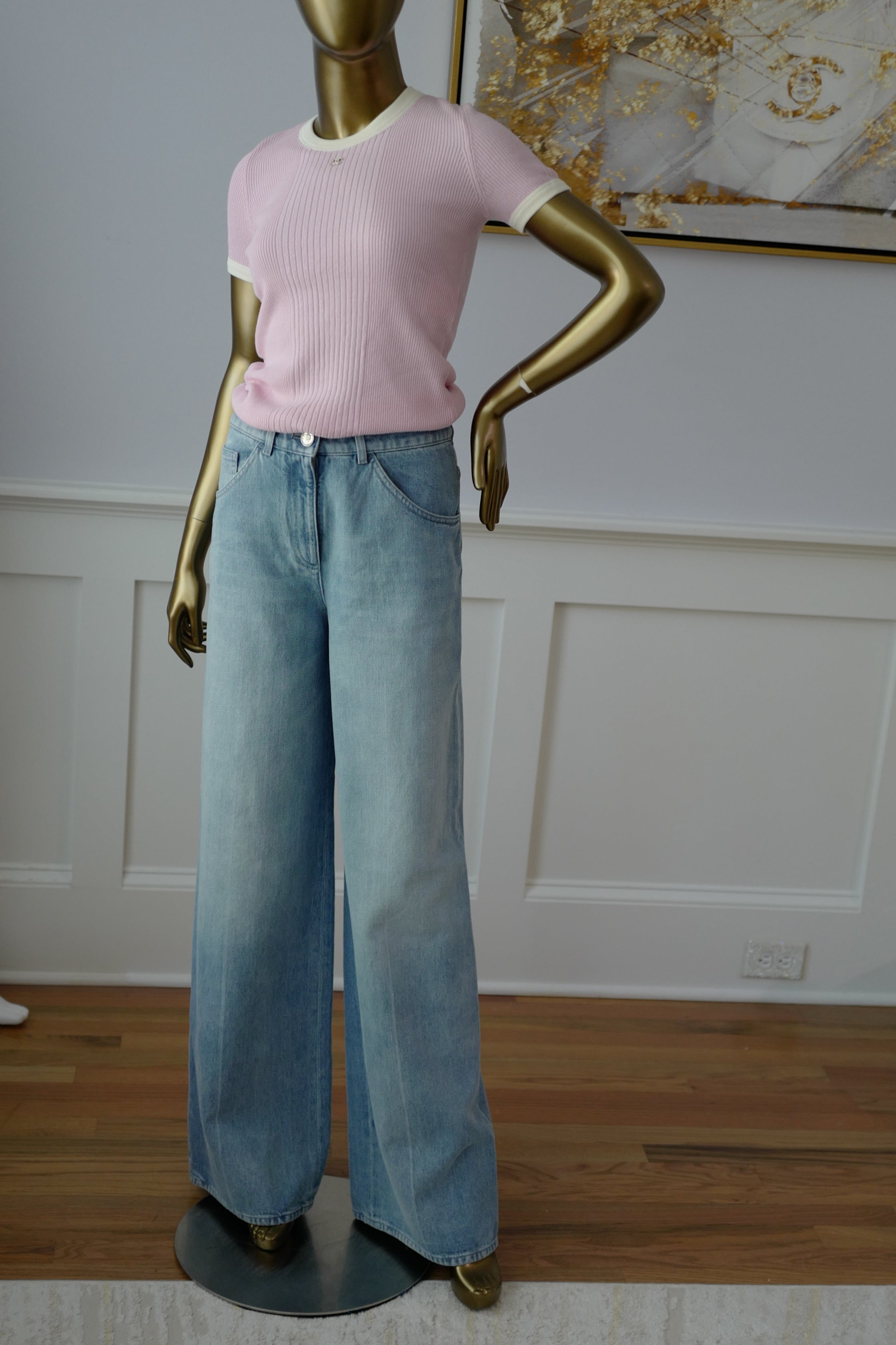 Chanel Printemps 25S CC Sequins Denim Jeans Wide Leg size 38