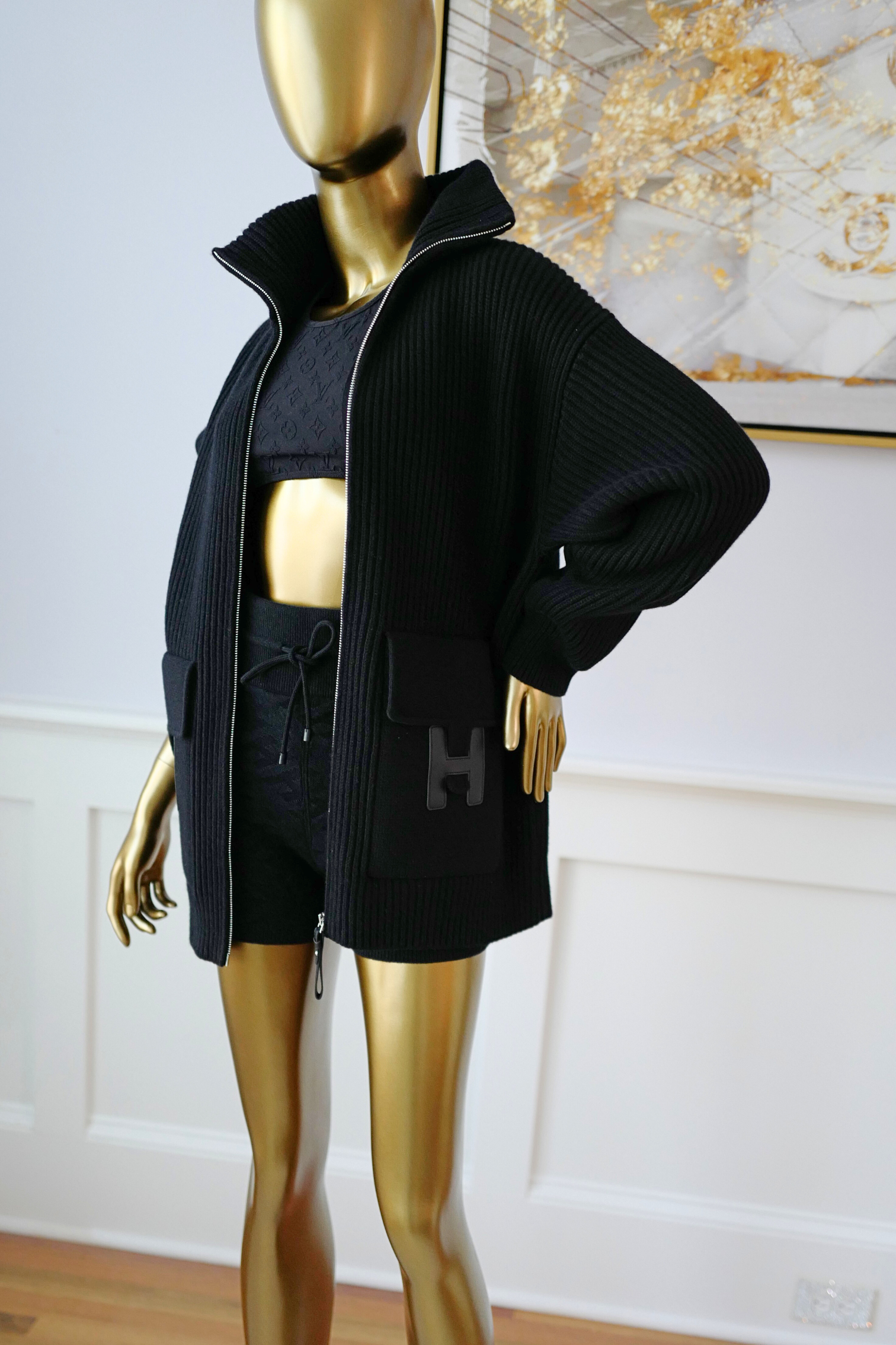 NEW Hermès Blouson Cardigan H Pockets Black Size 36 Wool Jacket