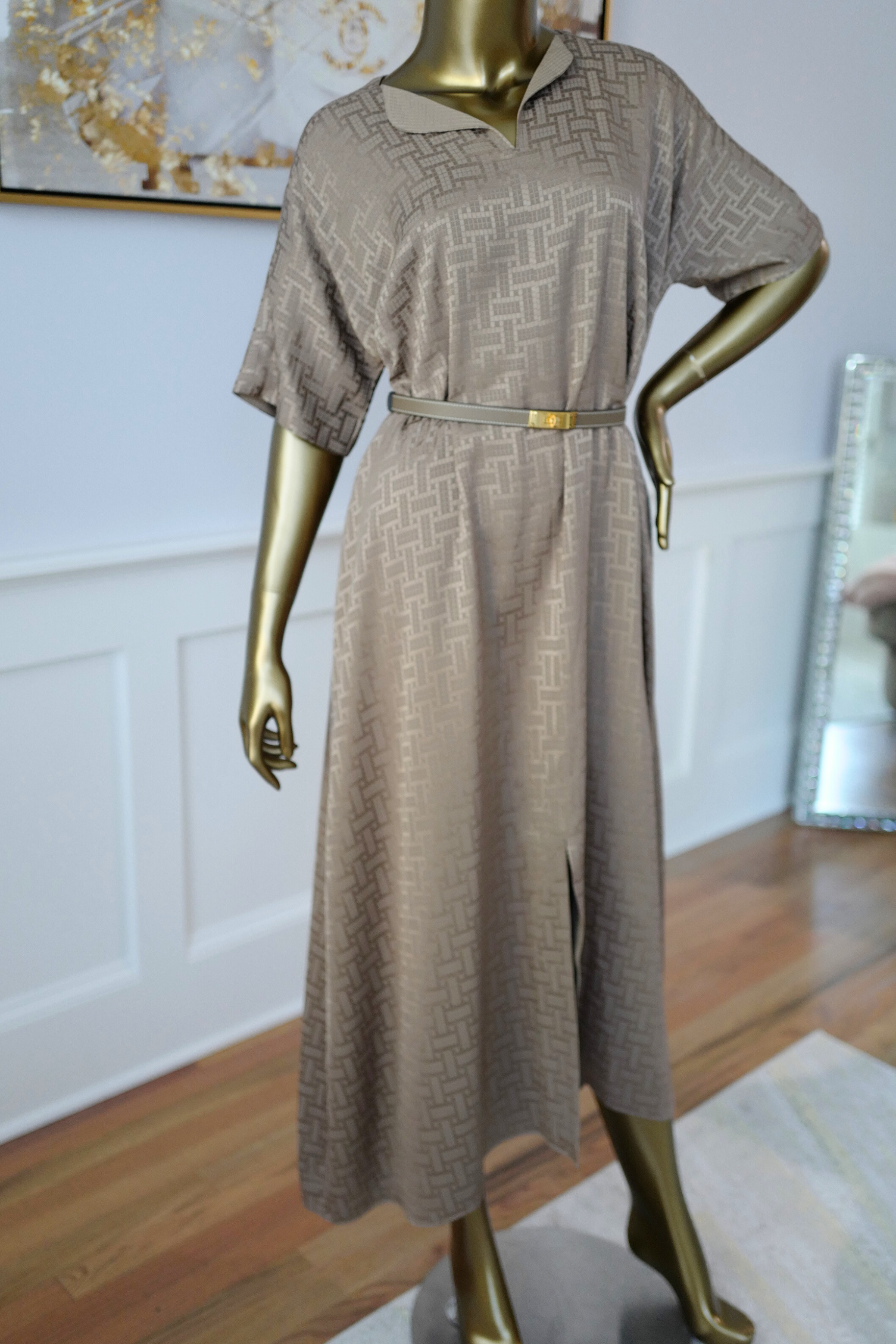 NEW Hermès Mosaique Belted Caftan Dress in Jacquard Silk Gris Étoupe Size 36