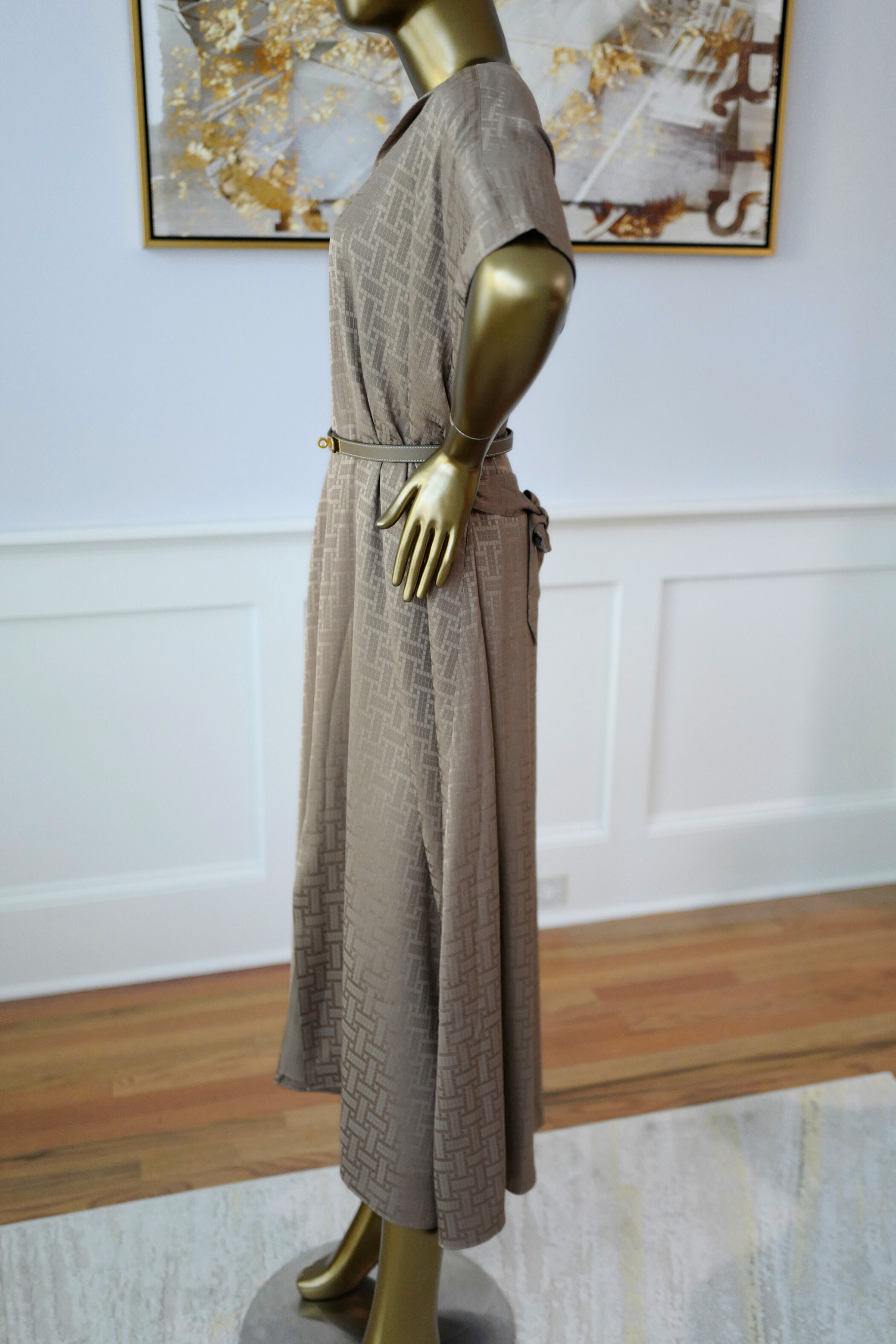 NEW Hermès Mosaique Belted Caftan Dress in Jacquard Silk Gris Étoupe Size 36