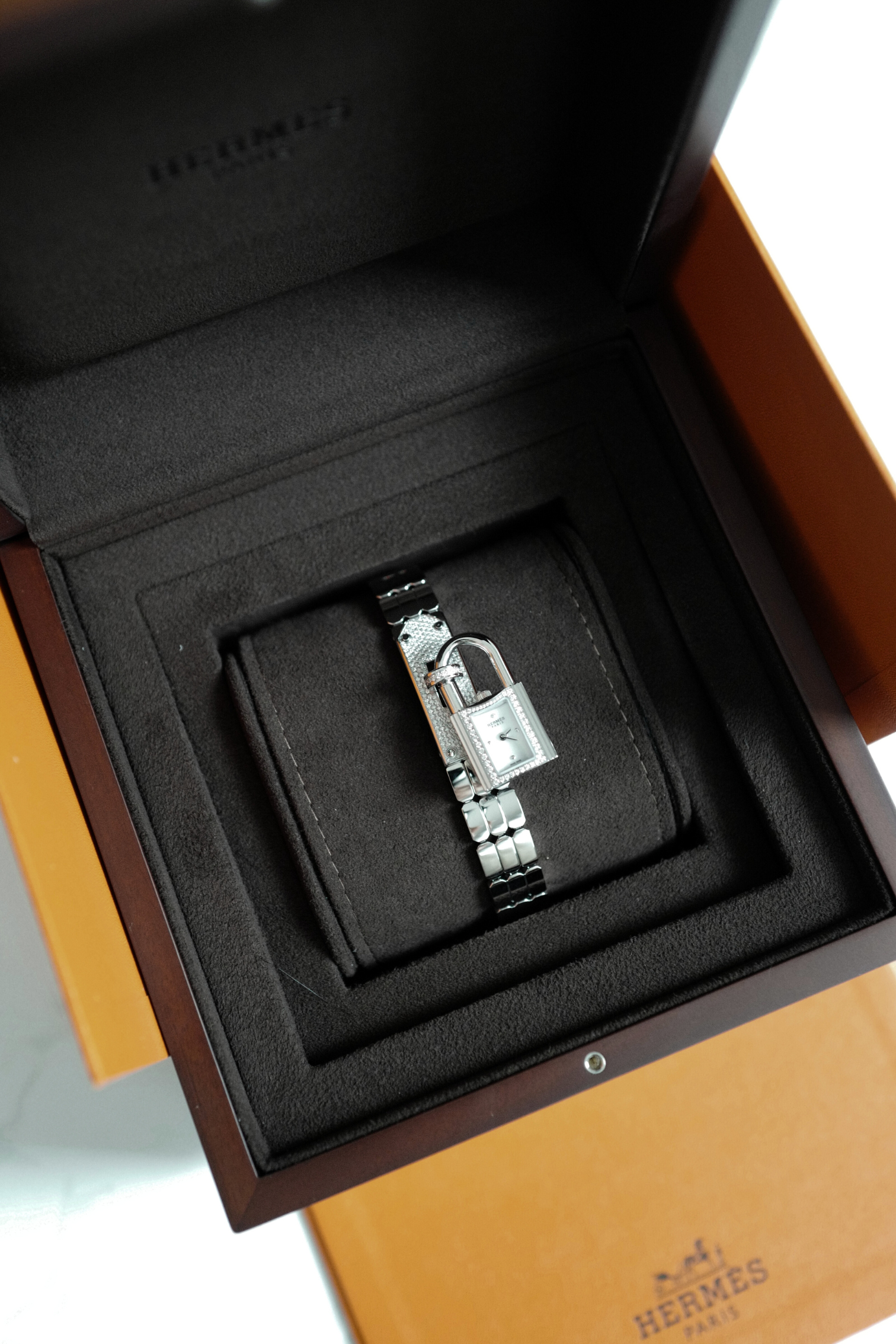 BNIB Hermes Kelly Watch Mini Model, 16 mm, Diamond Stainless Steel Bracelet